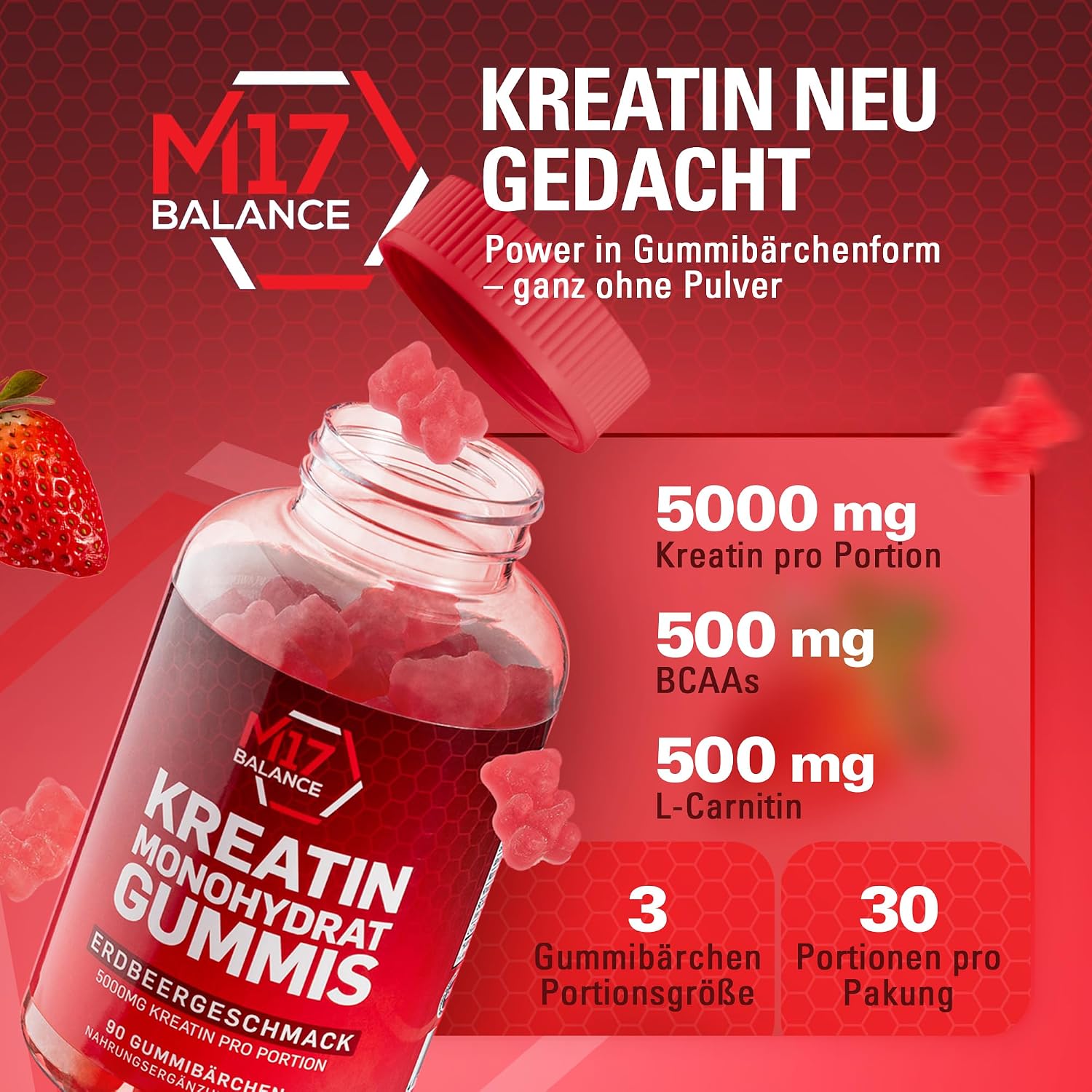 Detalle 2 de Creatin Monohydrat Gummibärchen mit 5.000 mg Kreatin & BCAAs/L-Carnitin – 30 Portionen (Erdbeere), zuckerfrei, vegan
