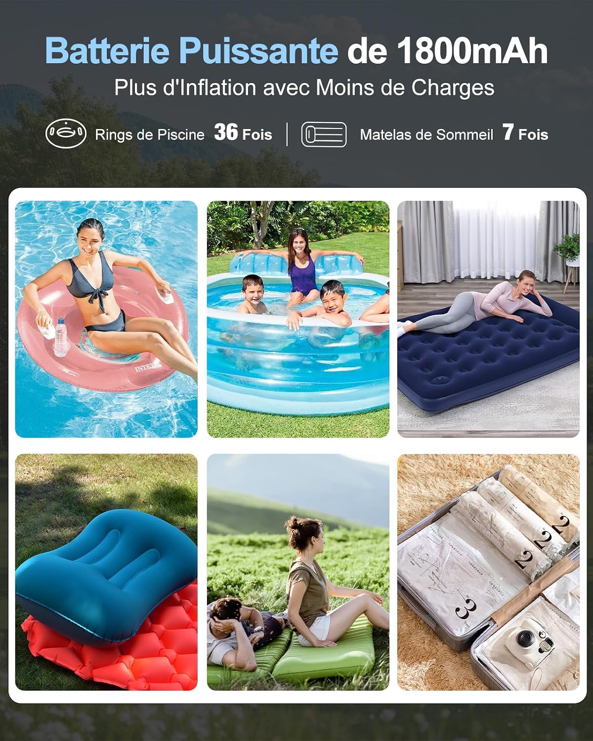 Detalle 2 de Pompe à air électrique Gonfleur portable avec batterie pour matelas et lits gonflables – 5 buses + lampe LED