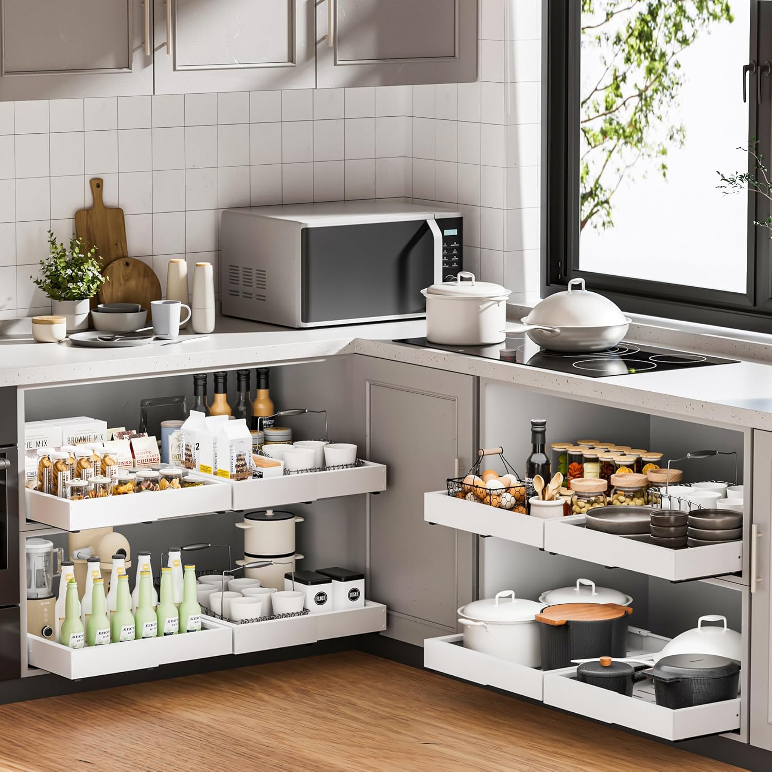Thumbnail 5 de Makfoner 2 Pcs Pull Out Cabinet Organizers with Adjustable Width and Depth (12"-19" x 17"-23"), 3 Slides, Adhesive/Screw Install, No-Drill, For Kitchen & Bath