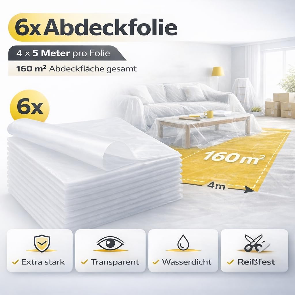 Thumbnail 1 de 6er-Set Abdeckfolie 4 x 5 m (160 m²) – extra stark & transparent Malerplane als Baufolie für Renovierung und Umzug