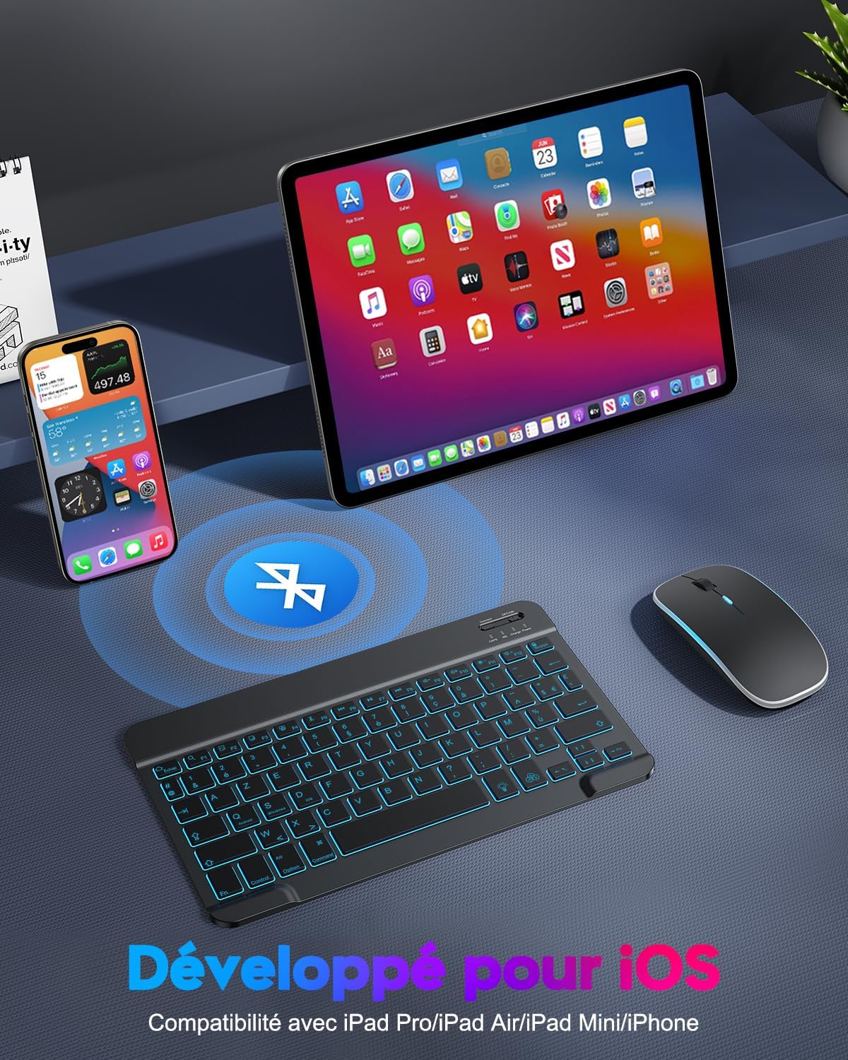 Detalle de ENSEMBLE TECURS Clavier et Souris Bluetooth sans Fil pour iPad — Rétroéclairage 7 couleurs, AZERTY Français, Ultra-mince