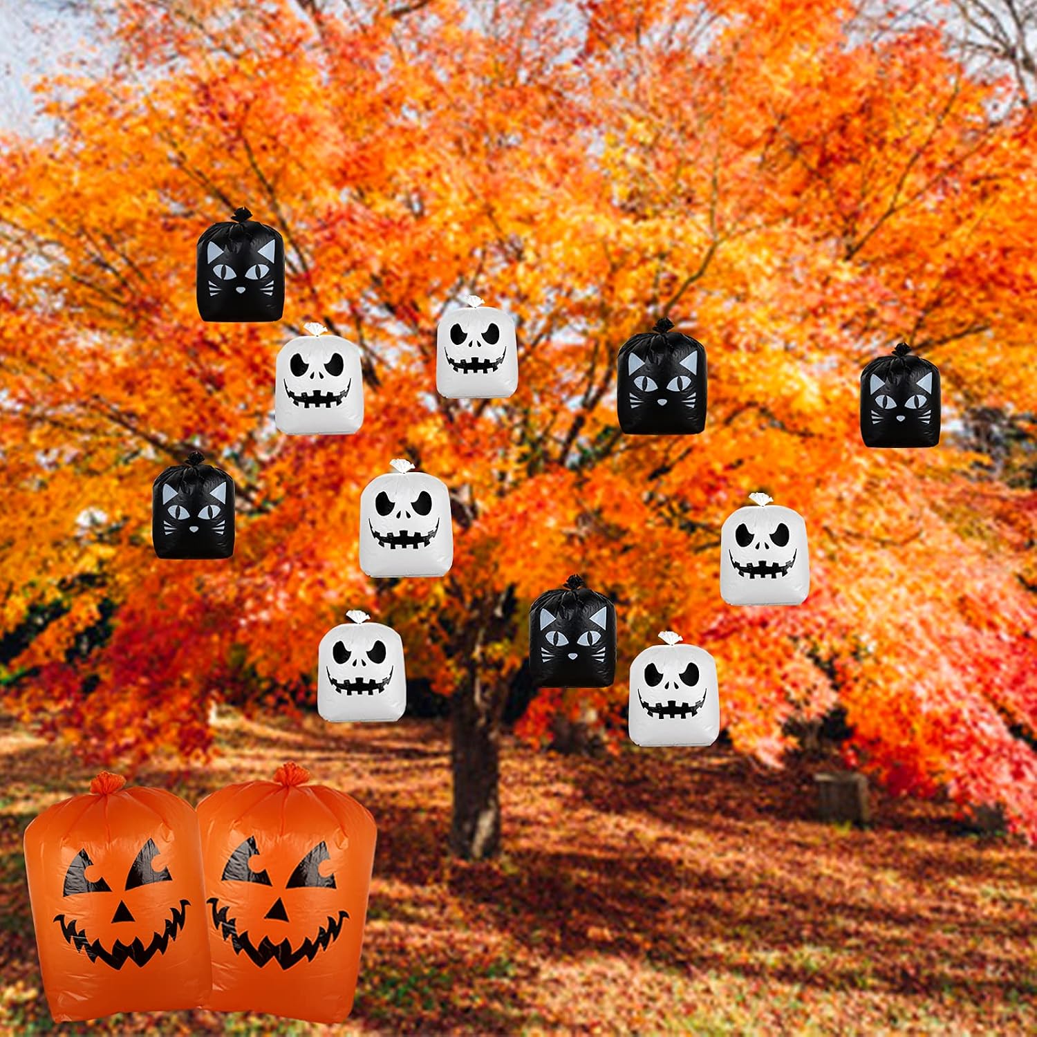 Detalle 1 de Giiffu 9-Pack Halloween Leaf Lawn Bags with Twist Ties, Pumpkin, Cat and Ghost Designs