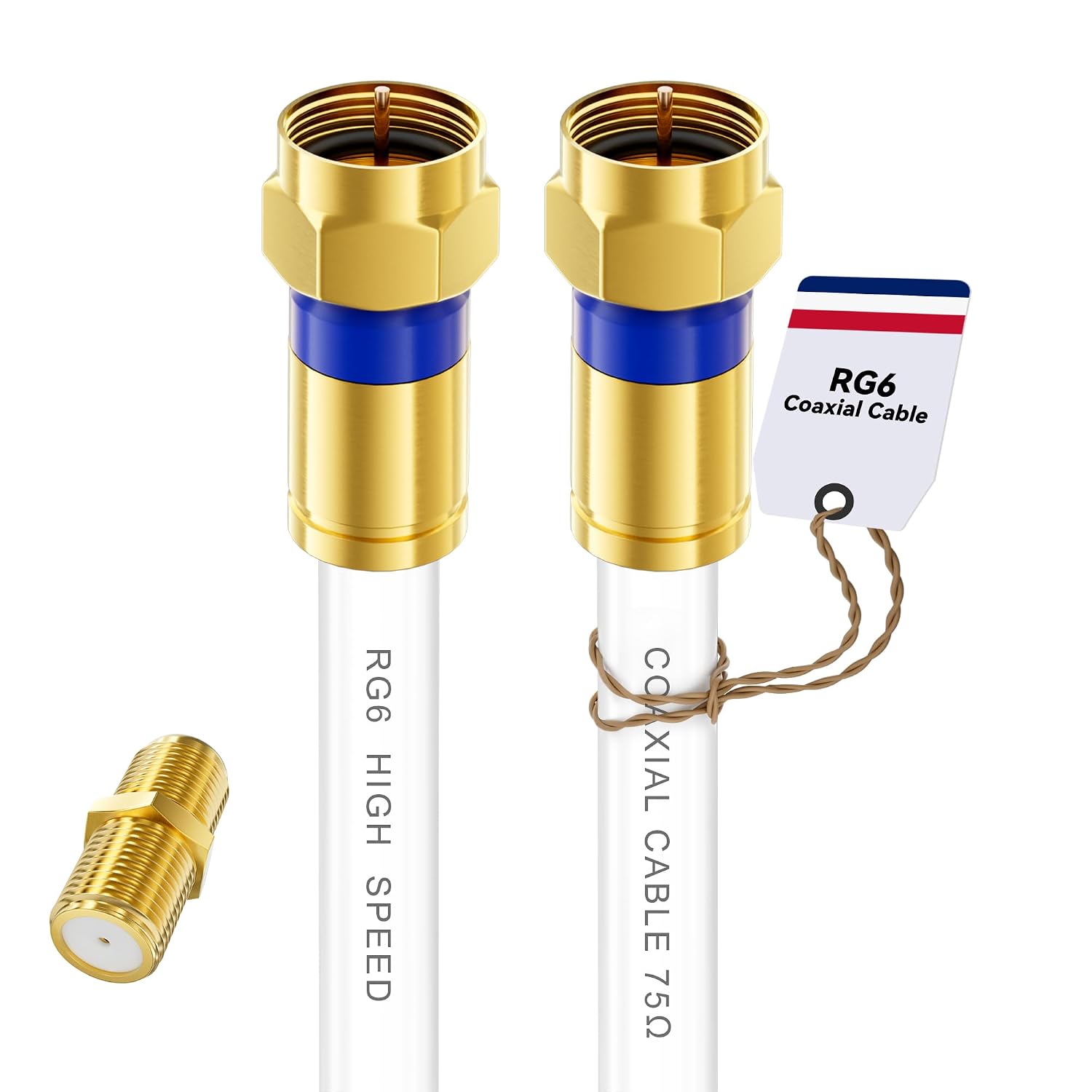Detalle de RG6 Coaxial Cable with Gold-F-Type Connectors (White) – Multiple Lengths for HDTV, Internet & Satellite