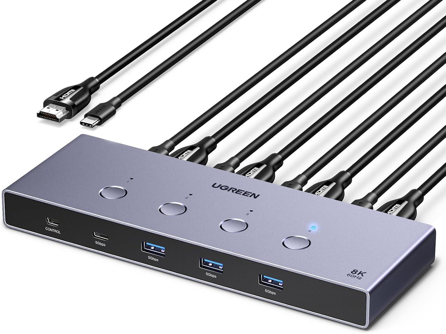Detalle de UGREEN HDMI 2.1 KVM-switch 4-in-1-uit met 8K 60 Hz en USB 3.0