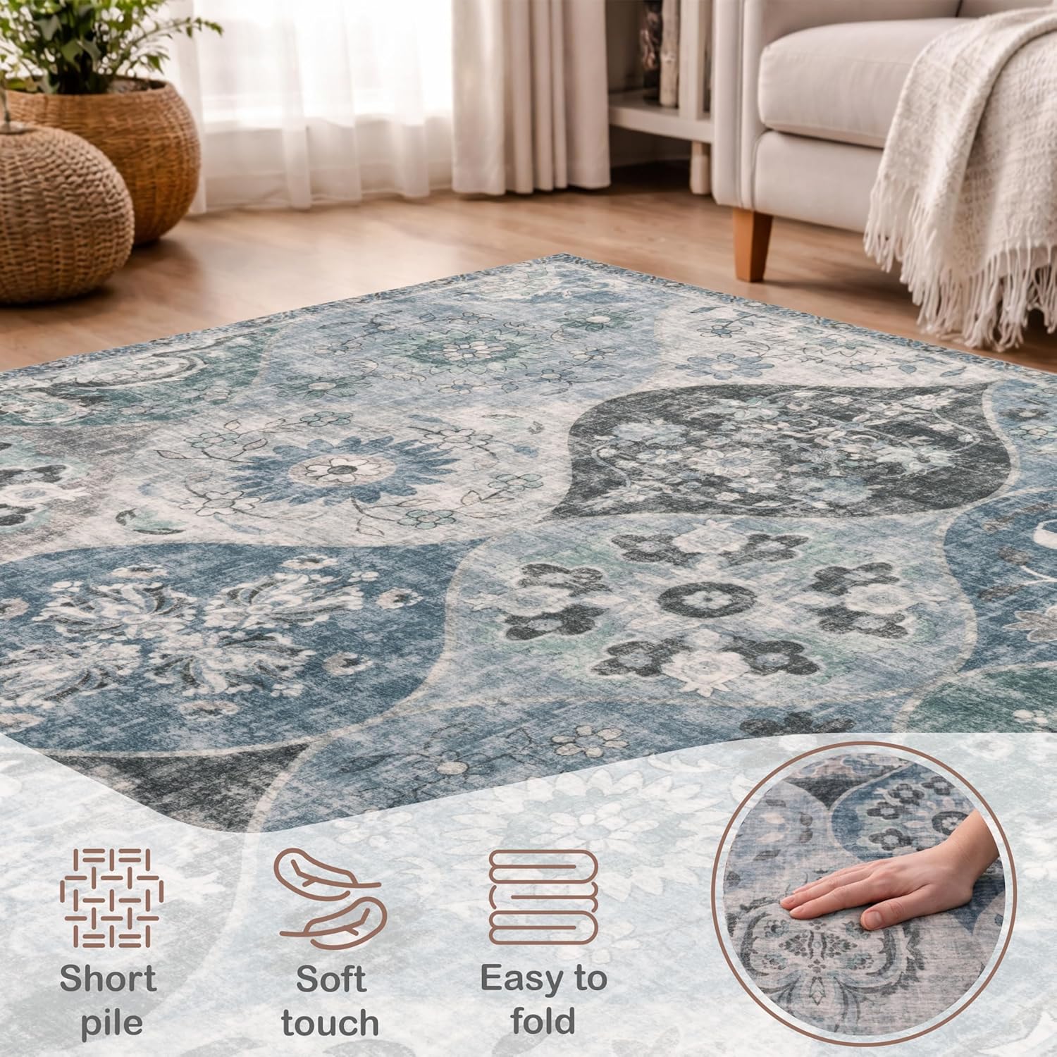 Thumbnail 4 de Paco Home Tapis de Salon Vintage Poil Court Turquoise 160x220 cm – Confort Doux et Design Retro Moderne