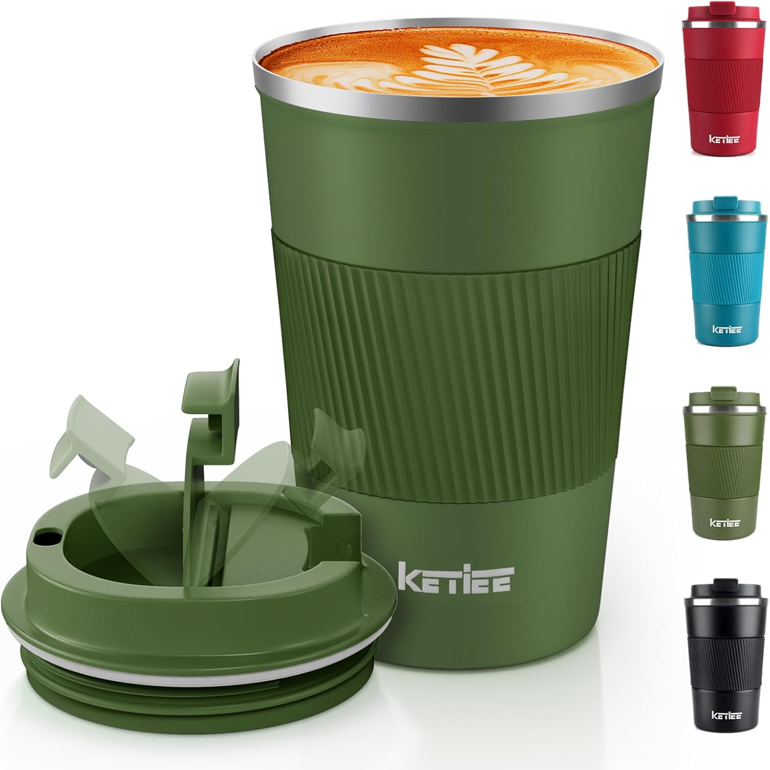 Detalle de KETIEE Kaffeebecher to go – 380 ml, doppelwandiger Thermobecher mit auslaufsicherem Deckel in Olivgrün