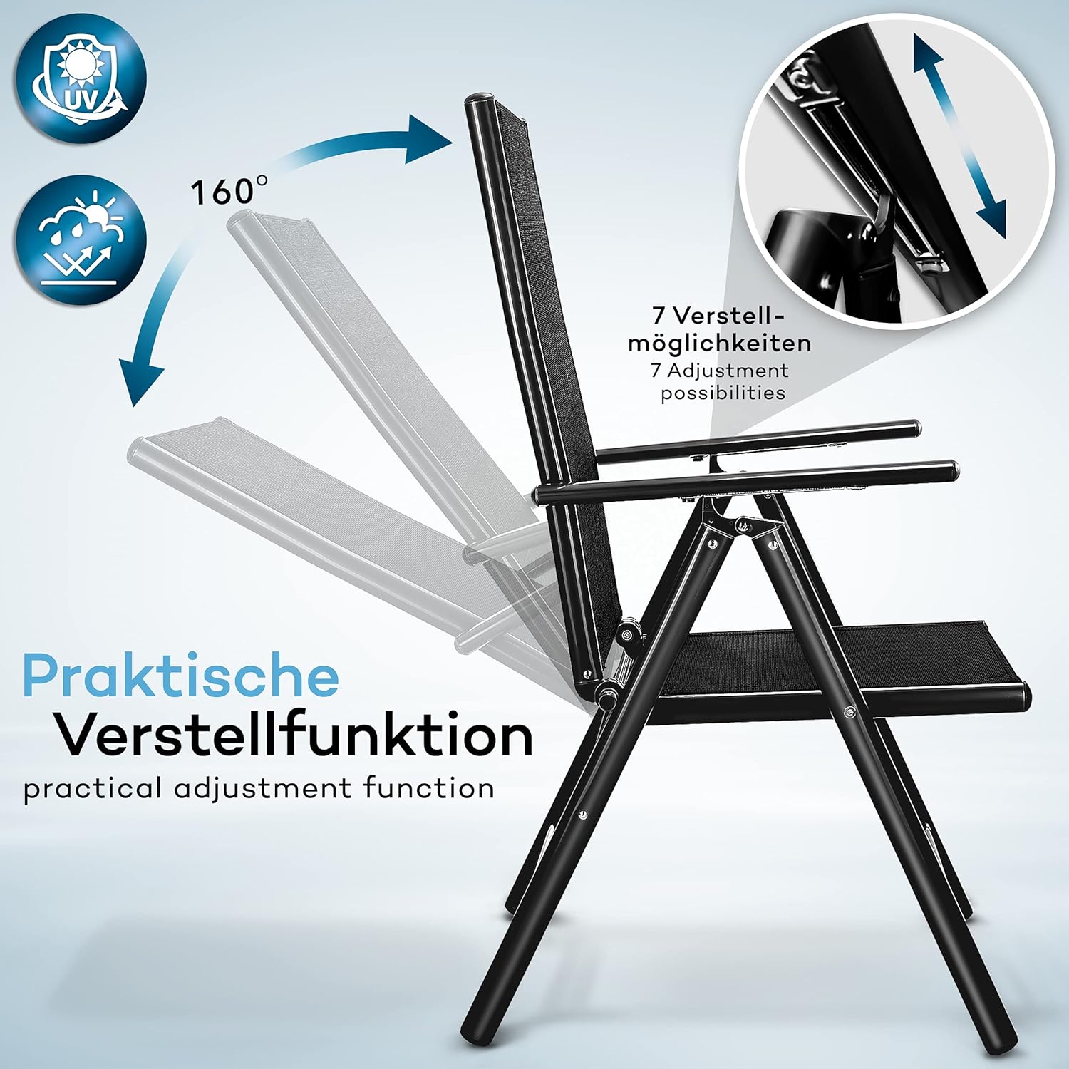 Thumbnail 3 de Tillvex Gartenstuhl 4 Stück: Klappbar aus Aluminium, Hochlehner mit Armlehnen, verstellbar – Ideal für Balkon, Garten und Terrasse