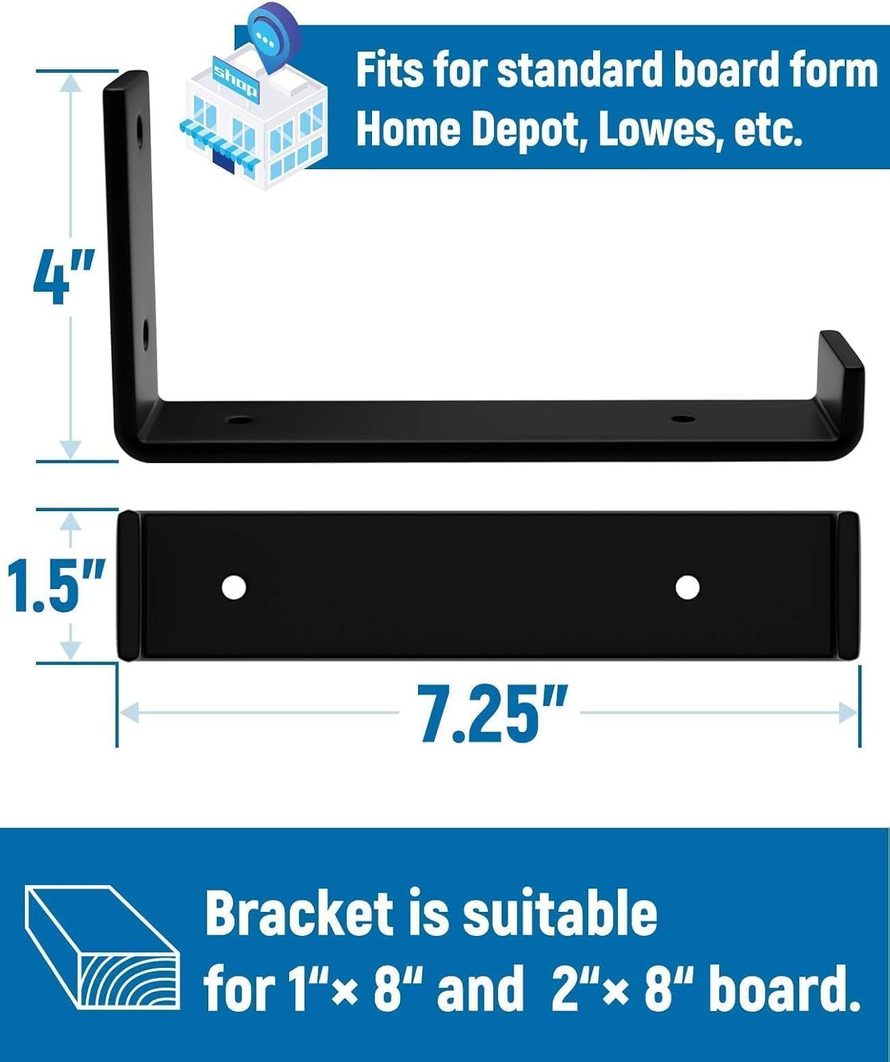 Detalle de LEOPO 725-4 Shelf Brackets, 4-Pack, 7.25-Inch Black Powder-Coated J Supports