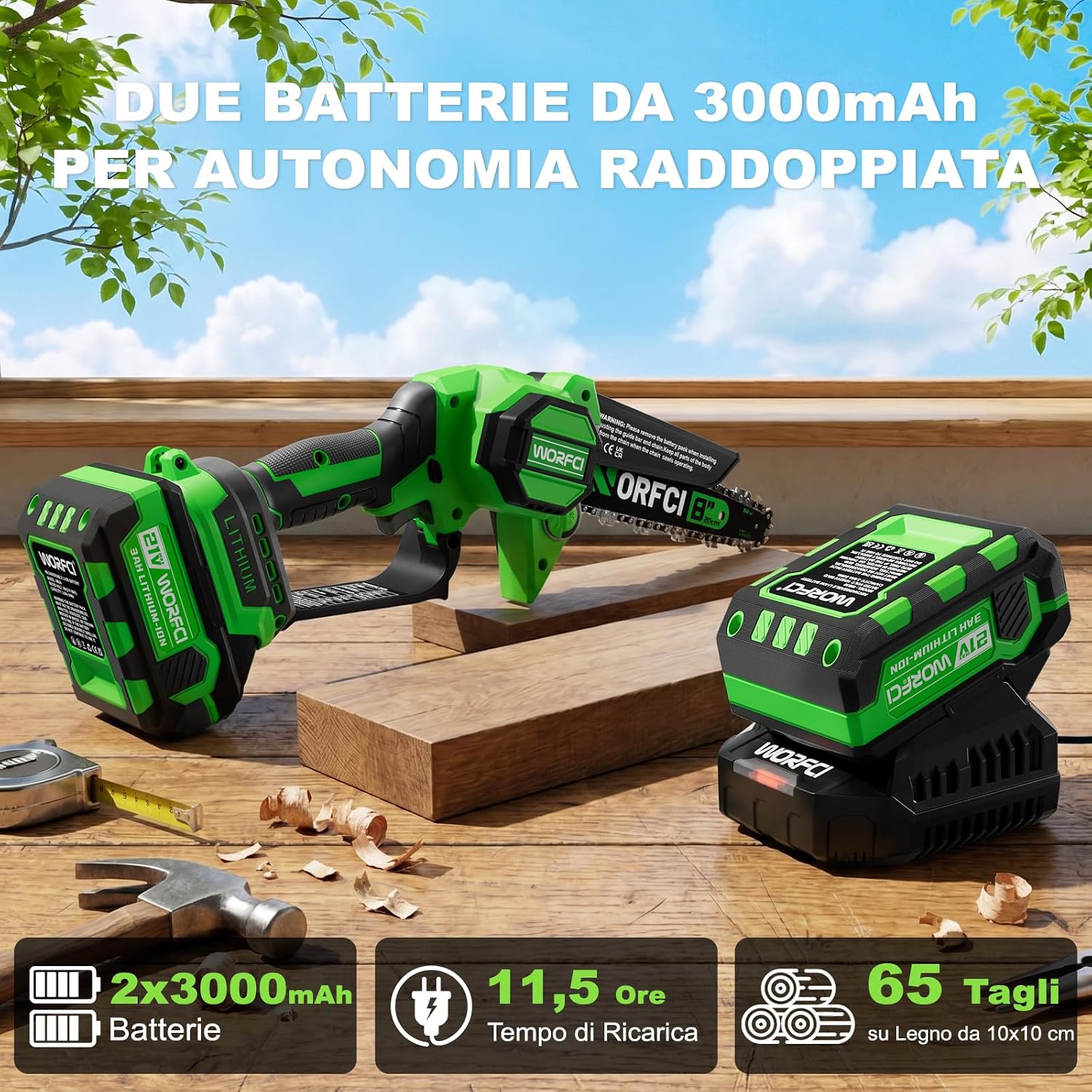 Detalle de WORFCI 8 Pollici Mini Motosega con 2 Batterie e Caricatore – Motosega a Percussione Senza Fili, Brushless, Lubrificazione Automatica