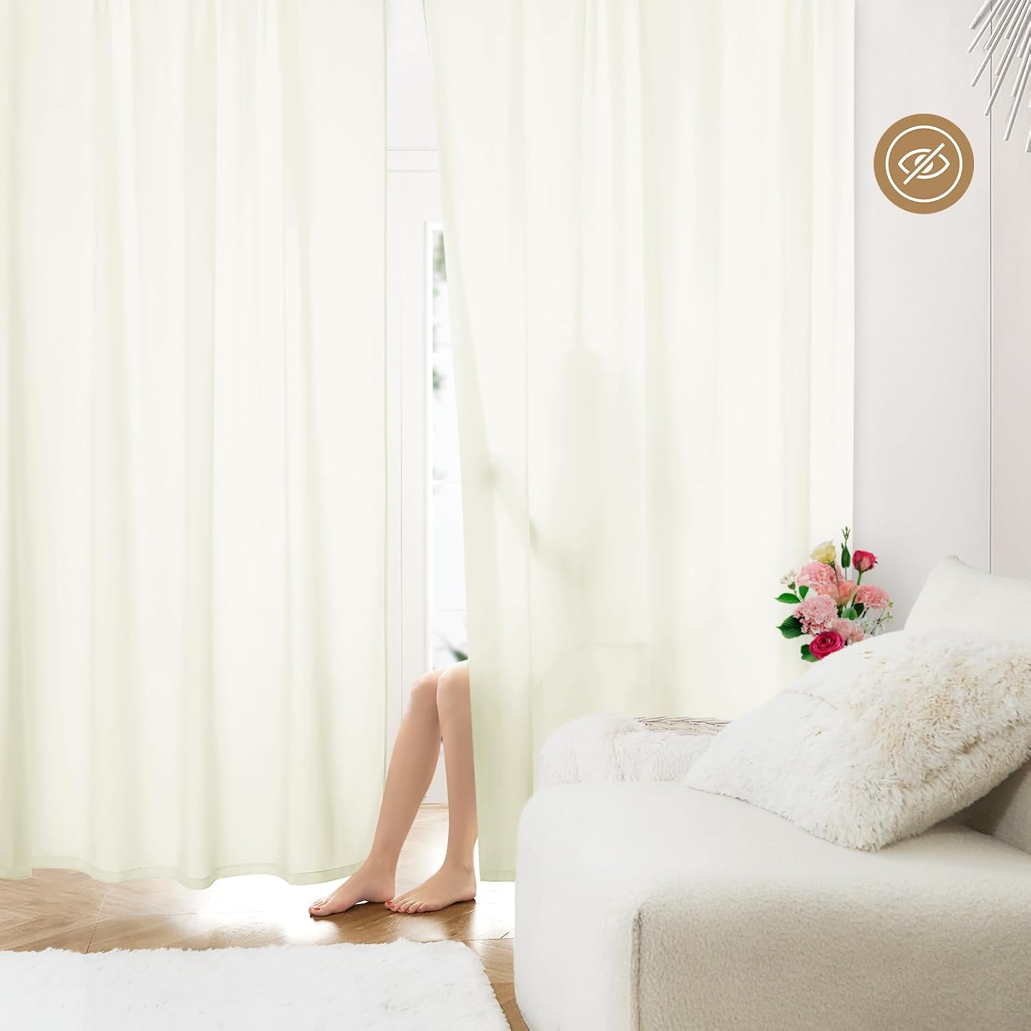 Detalle de HOMEIDEAS 2 Ivory Privacy Sheer Curtains, 52 x 96 Inches, 2 Panels