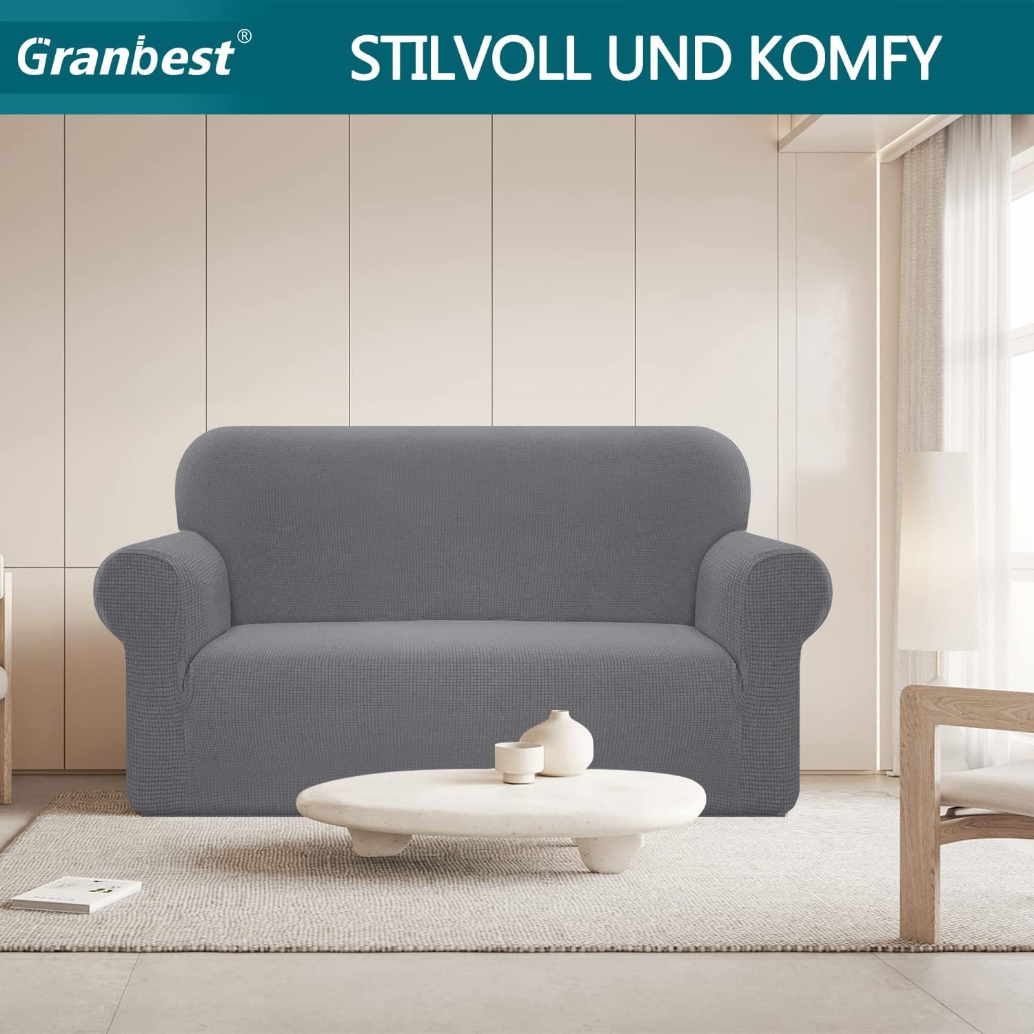 Detalle de Granbest copridivano elasticizzato impermeabile in spandex jacquard, 1 pezzo per divano 2 posti, grigio chiaro