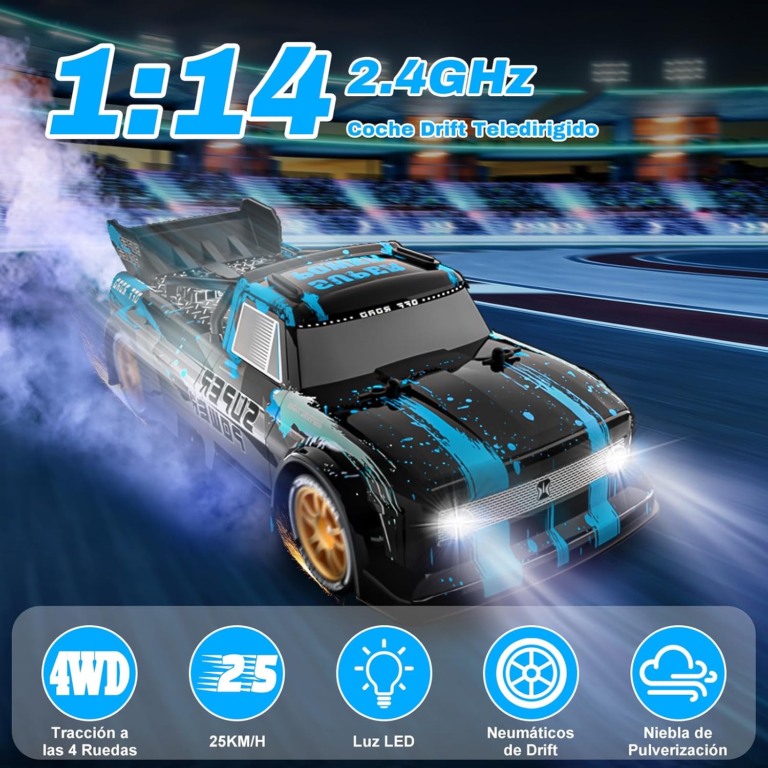 Detalle de Joellfuner Coche Teledirigido Drift 1:14 4WD Luz y Niebla