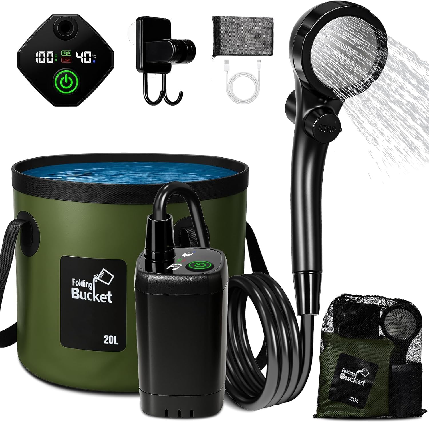 Thumbnail 6 de Portable Camping Shower with LED Light and 5.3-Gallon Foldable Bucket