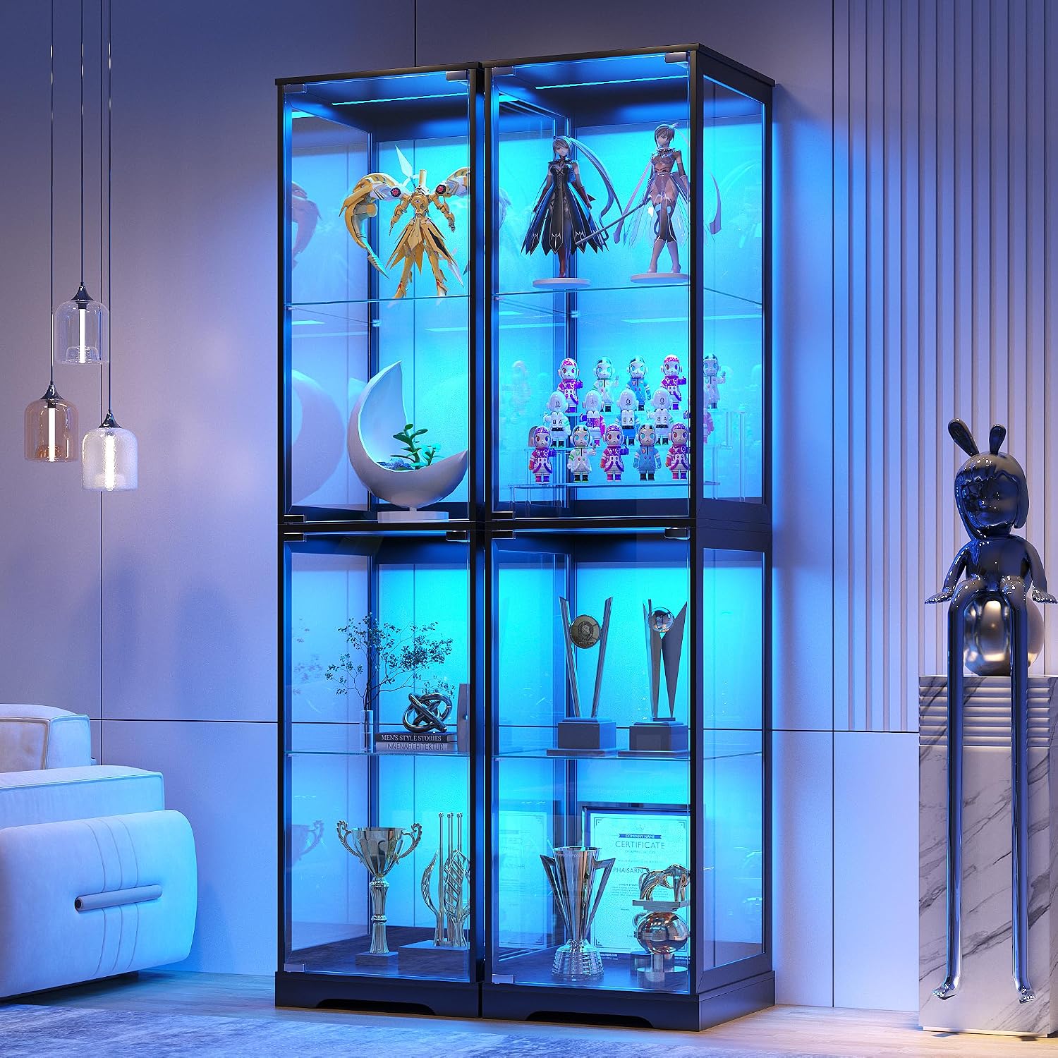 Detalle de TAGELIER 97094 Glass Display Cabinet with 3-Color LED Lighting, Black