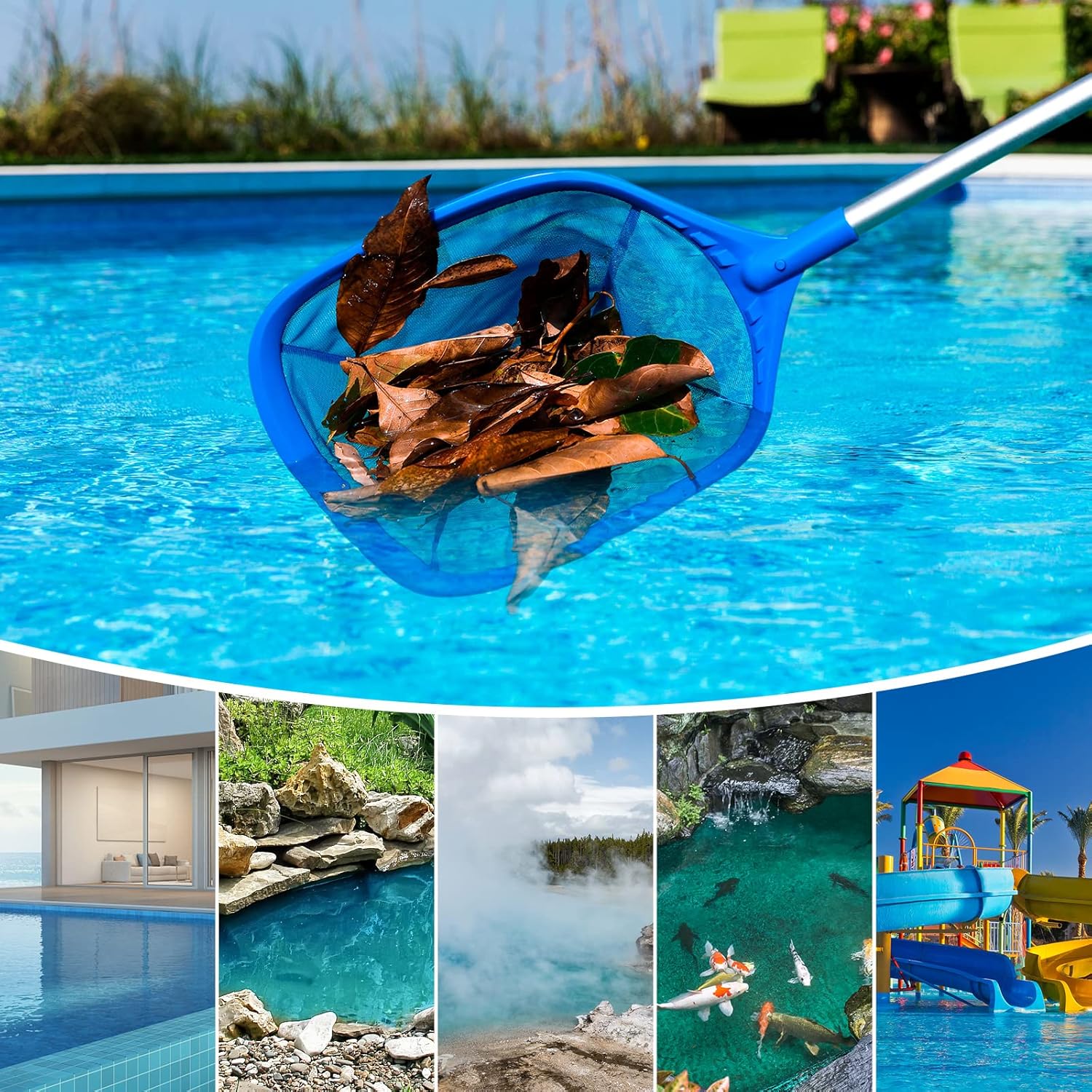 Detalle 2 de Mowend 145 cm Skimmer Pool Kescher – Feinmaschiges Netz mit verstellbarer Stange (1,14 m Gesamt)