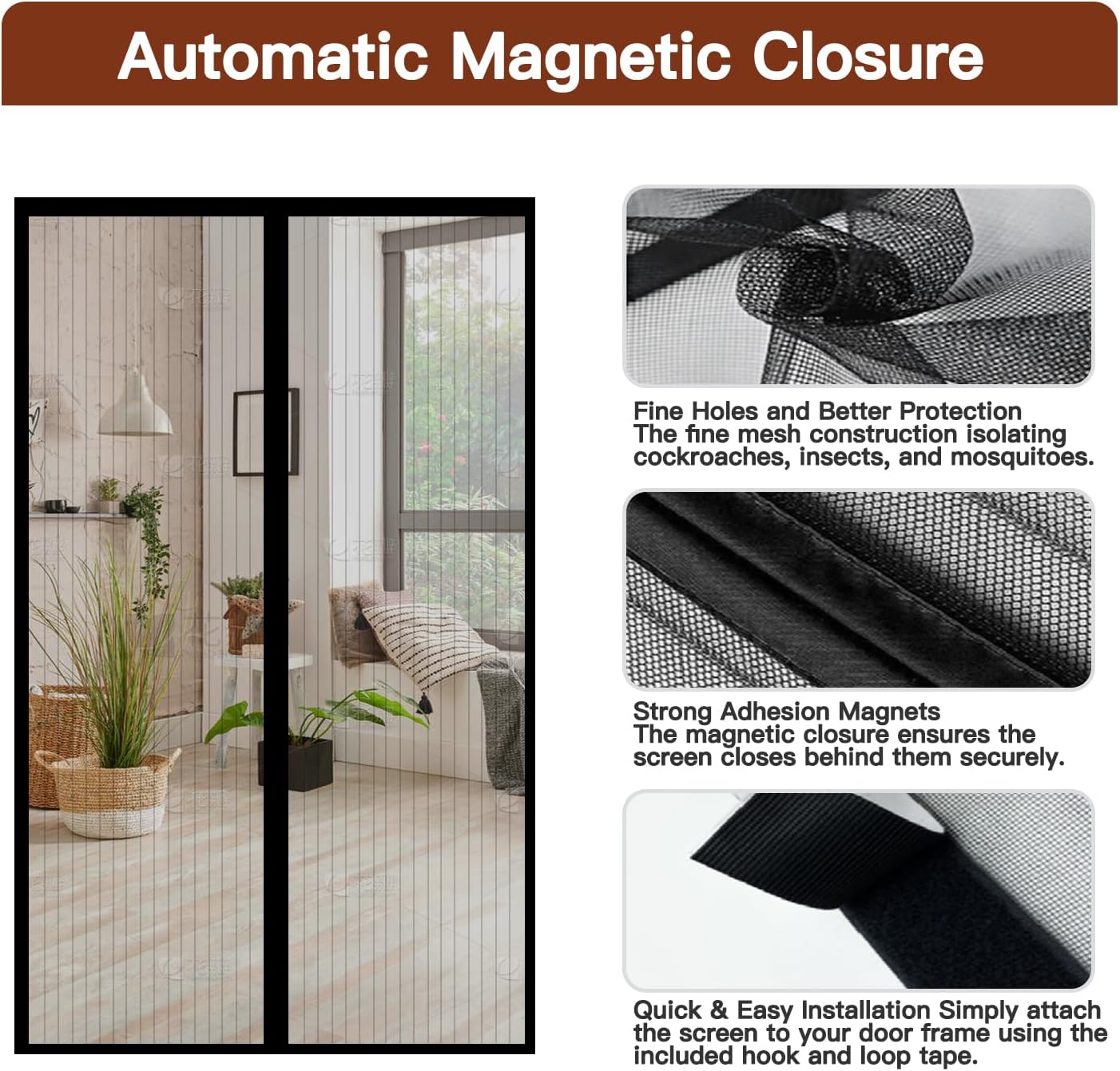 Thumbnail 4 de Magnetic Screen Door, 100x210cm Black with Powerful Magnets and Full Frame Hook & Loop