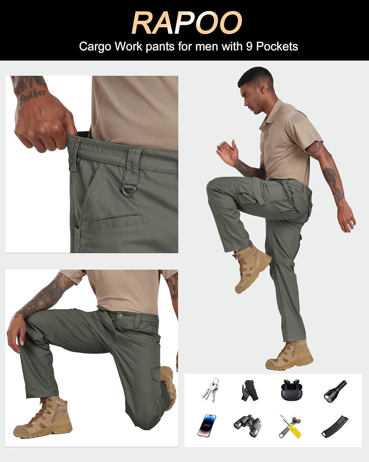 Thumbnail 5 de Rapoo Tactical Ripstop Pants for Men with 9 Pockets and Water-Repellent Finish