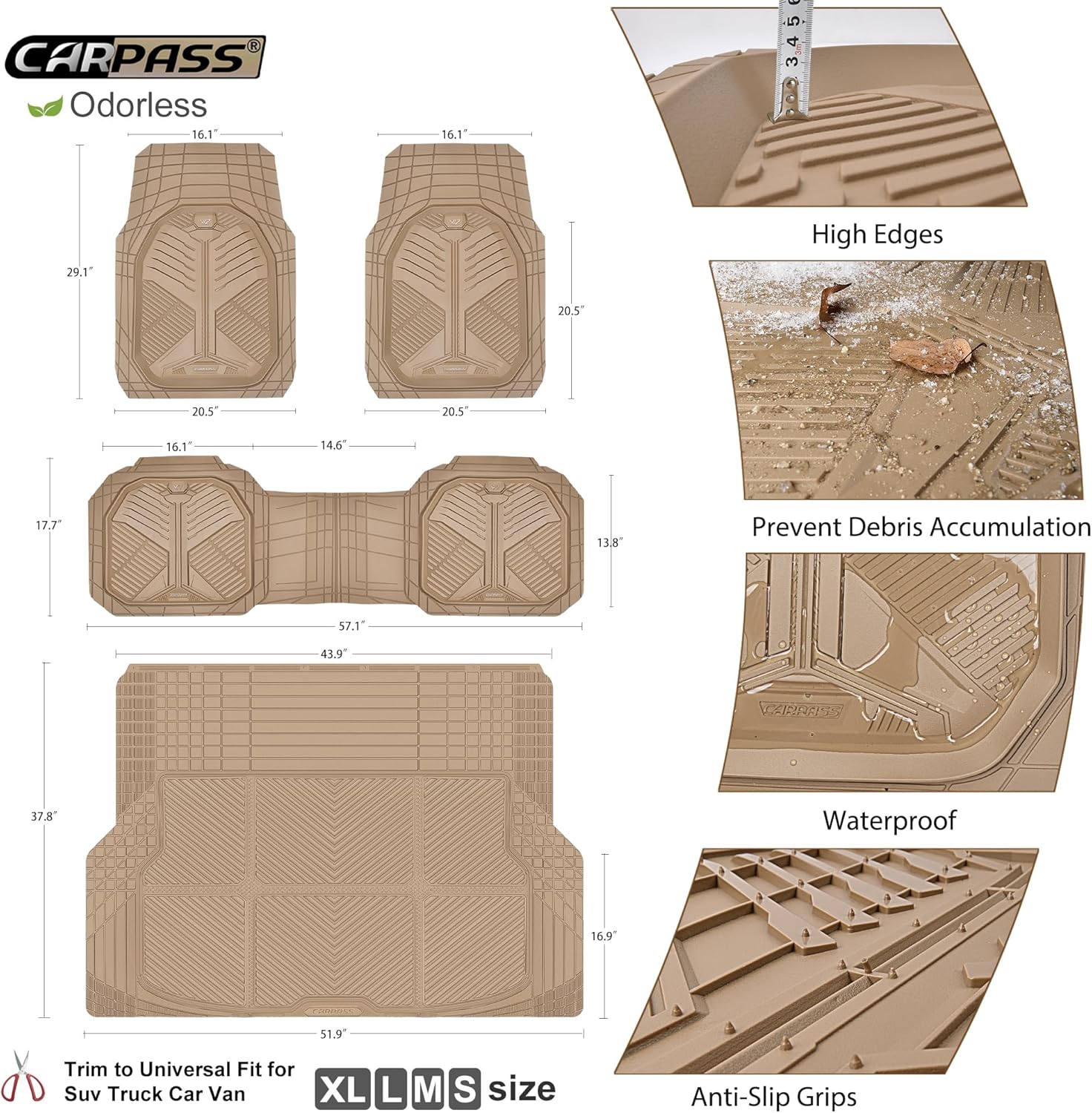 Thumbnail 4 de CAR PASS Heavy Duty Rubber Car Mats, Trimmable 1