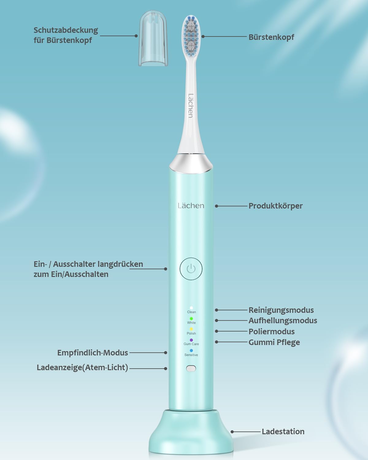 Thumbnail 2 de Lächen Elektrische Zahnbürste 5 Modi Cyan