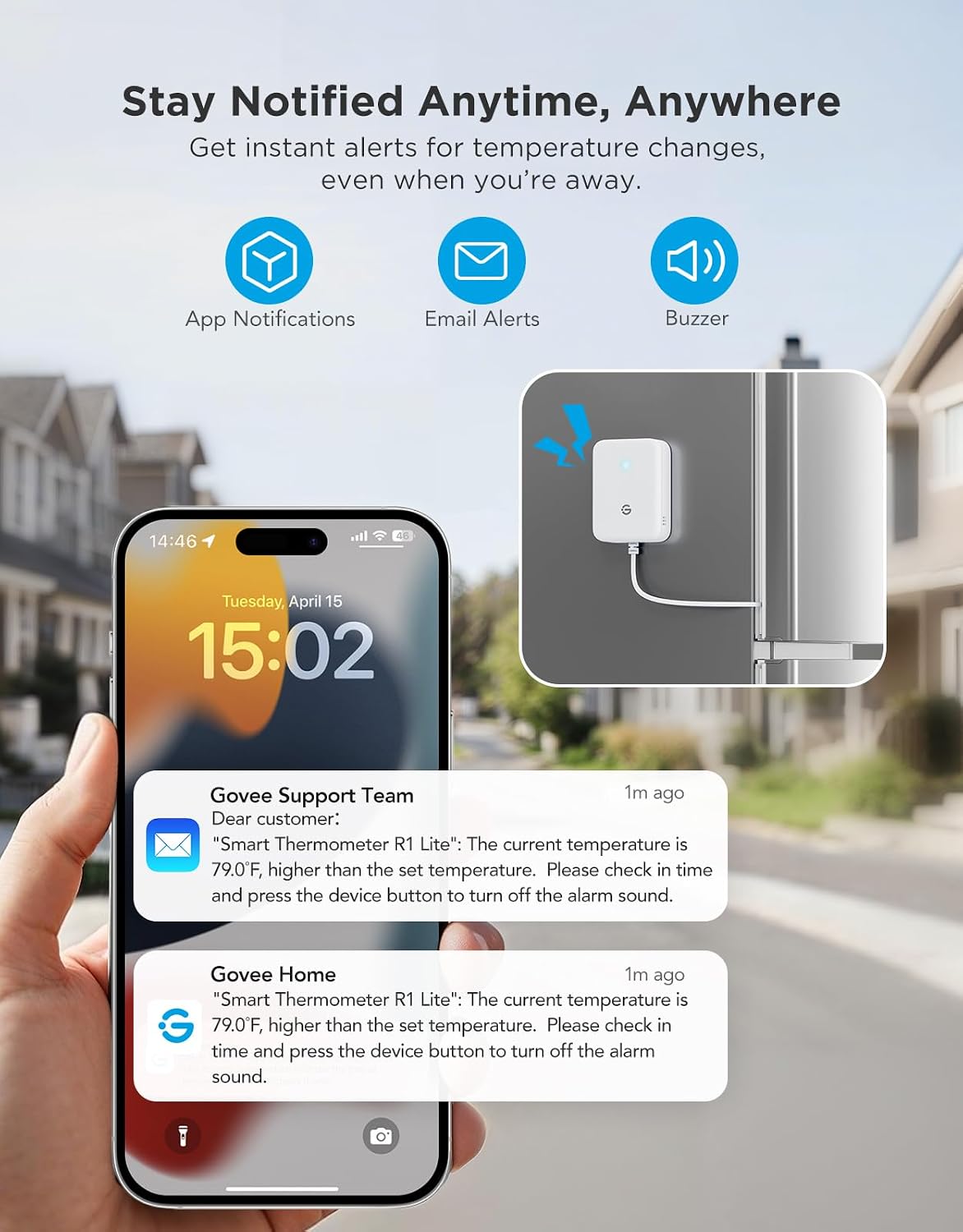Detalle 2 de GoveeLife H5111 WiFi Refrigerator Thermometer with Alarm, App Alerts & Gateway