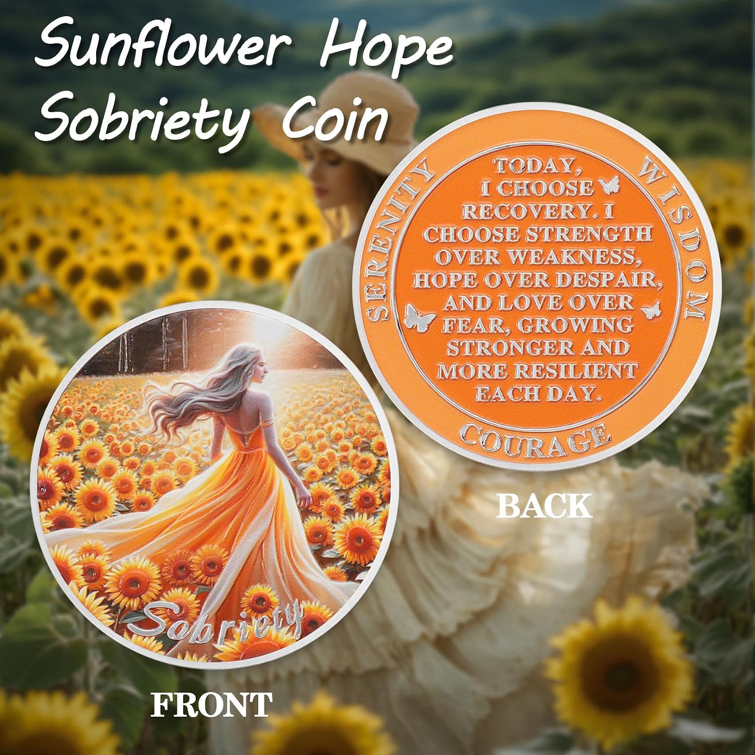Detalle 2 de ACGZQY Sunflower Hopeful Sobriety Coin 1.37in