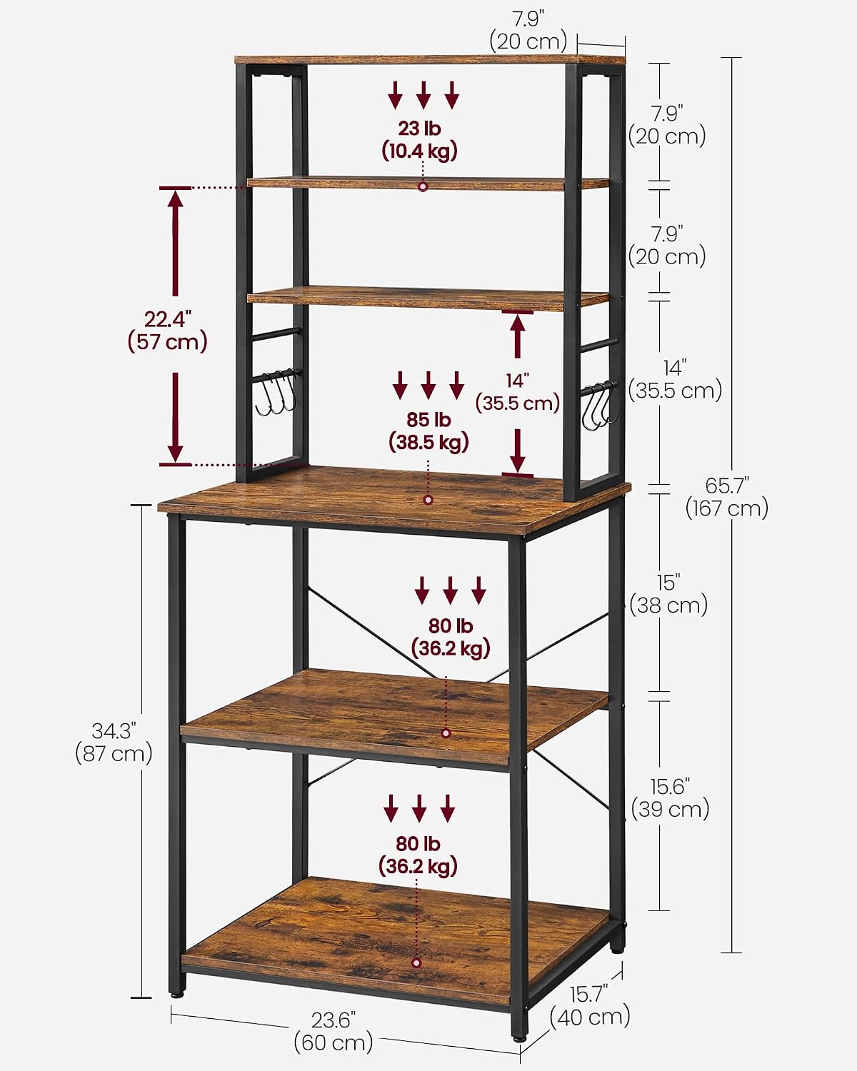 Detalle de VASAGLE BARNET KKS024B01 6-Tier Kitchen Rack with Adjustable Shelf and Hooks
