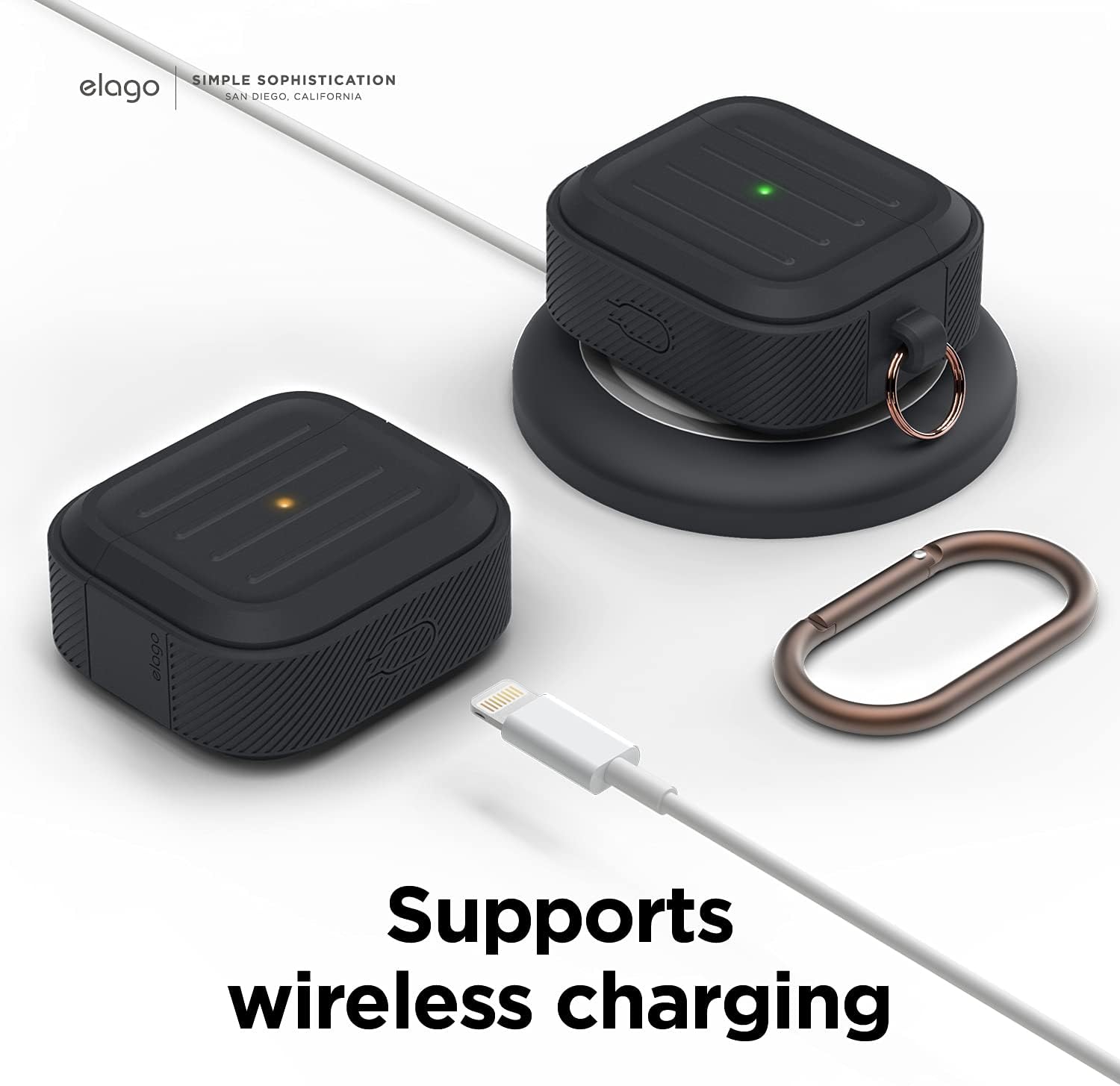 Detalle de elago Coque armée avec porte-clés pour AirPods 3 – recharge sans fil, protection anti-chocs (noir)