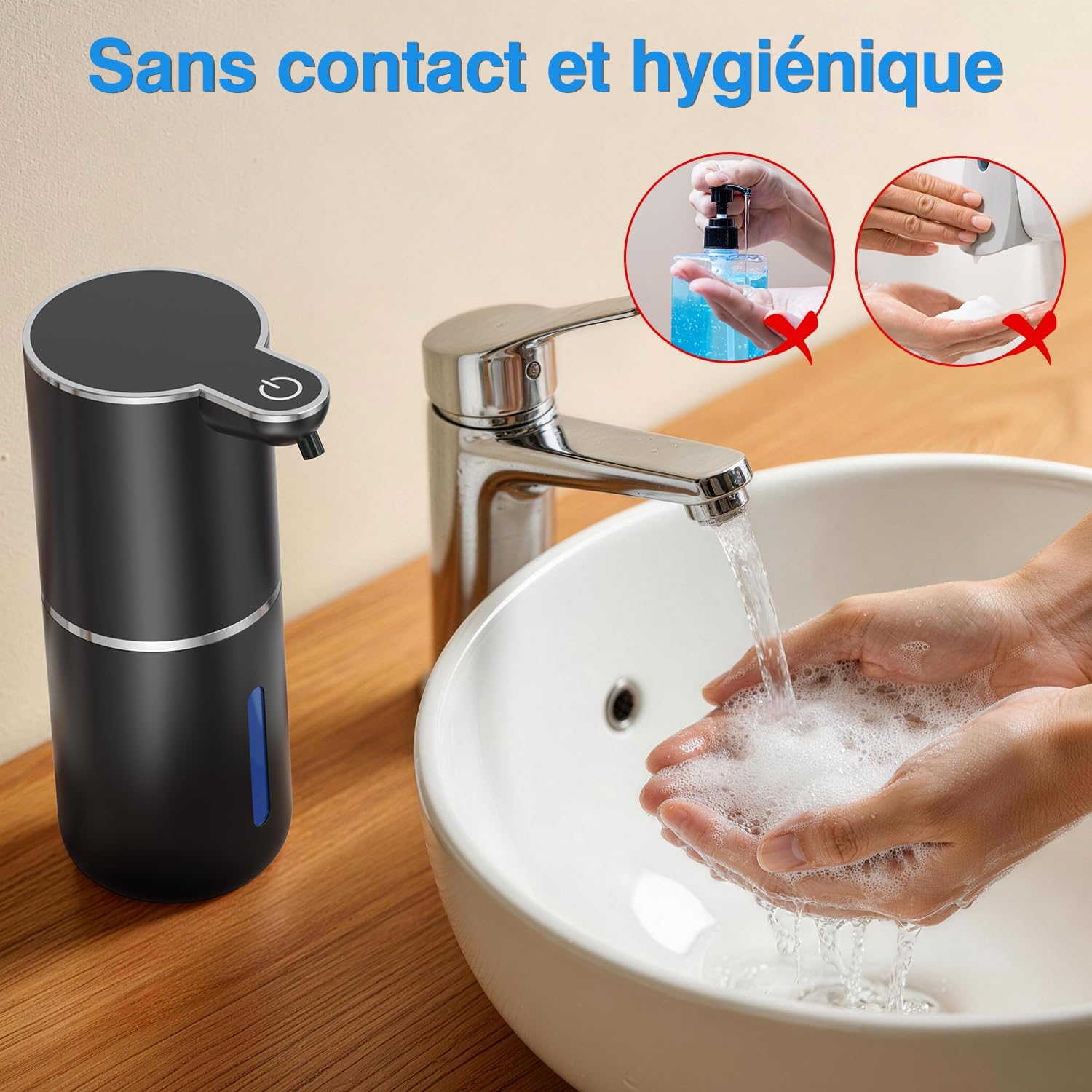 Detalle de Distributeur de Savon Automatique en Mousse, sans Contact, 380 ml, Montage Mural et USB, IPX5 – Noir