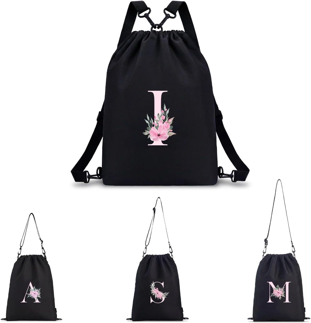 Detalle de A-Z BAG Zaino Personalizzabile con Iniziale Fiore – 4 in 1, Impermeabile, Nero