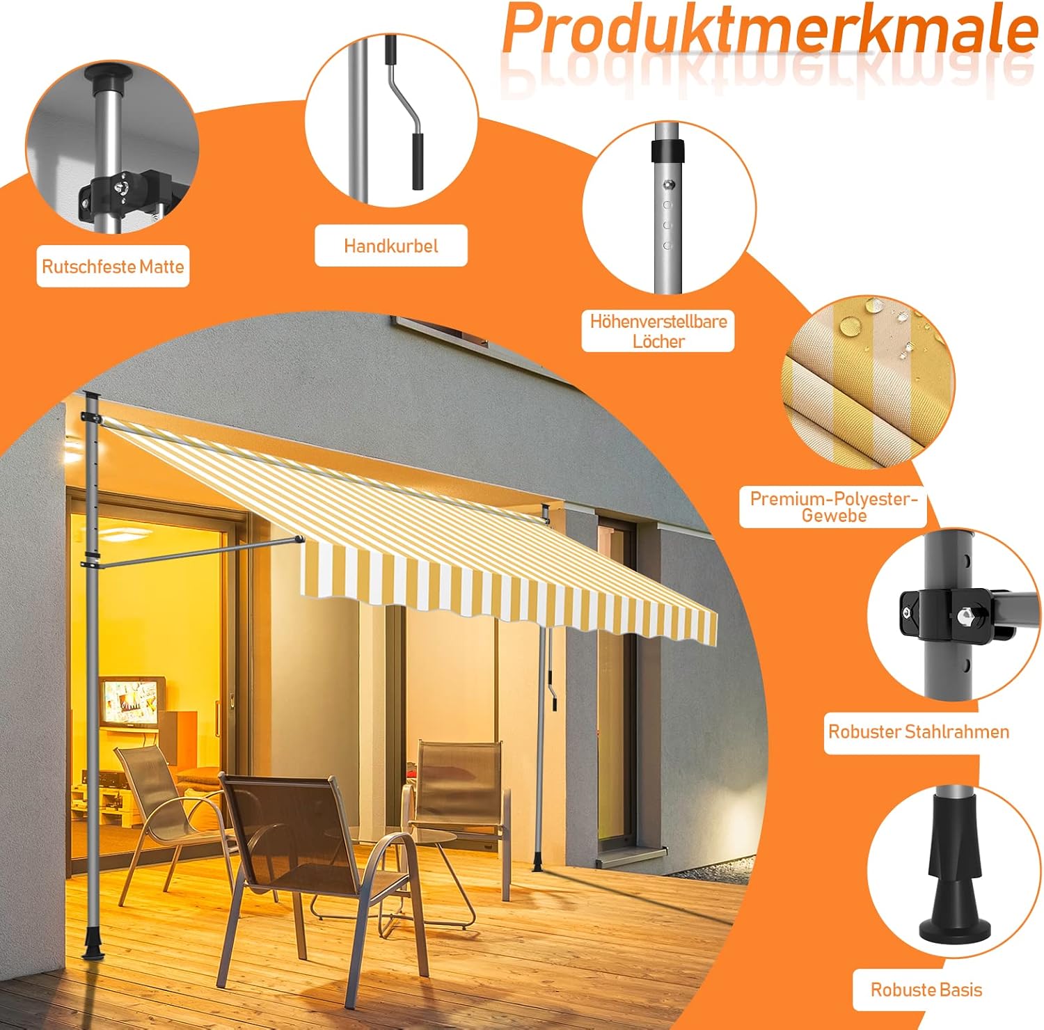 Thumbnail 2 de ISOISL Klemmmarkise 300 cm breit – Balkonmarkise mit Handkurbel, UV-beständig, höhenverstellbar, wasserdicht, ohne Bohren (Gelb/Weiß)
