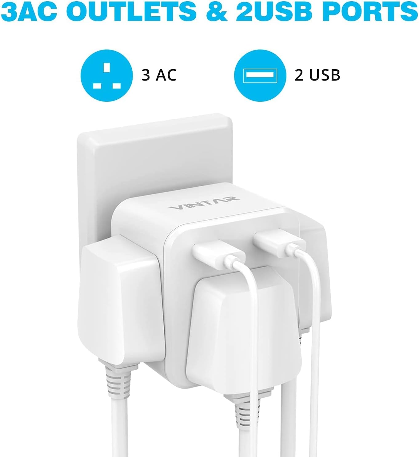 Thumbnail 1 de VINTAR Plug Adaptor with 2 USB and 3-way UK 13A socket extension (White)