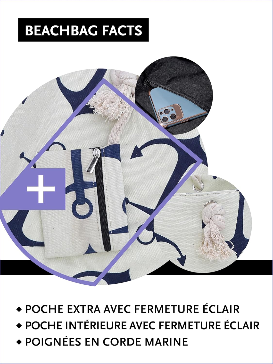 Detalle de DonDon Grand sac de plage imperméable avec fermeture à glissière – Grand format et poche zippée
