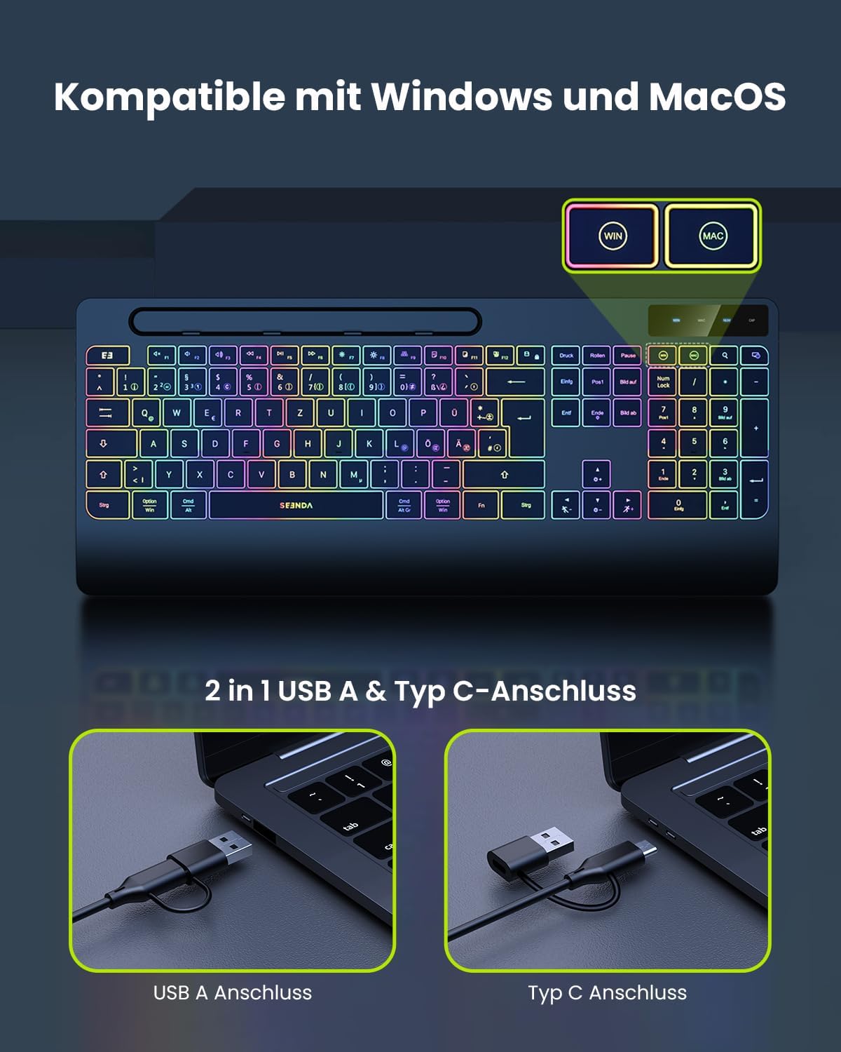 Thumbnail 2 de seenda KOE200 kabelgebundene beleuchtete Tastatur mit USB-A- & USB-C, ergonomisch mit Handgelenkauflage