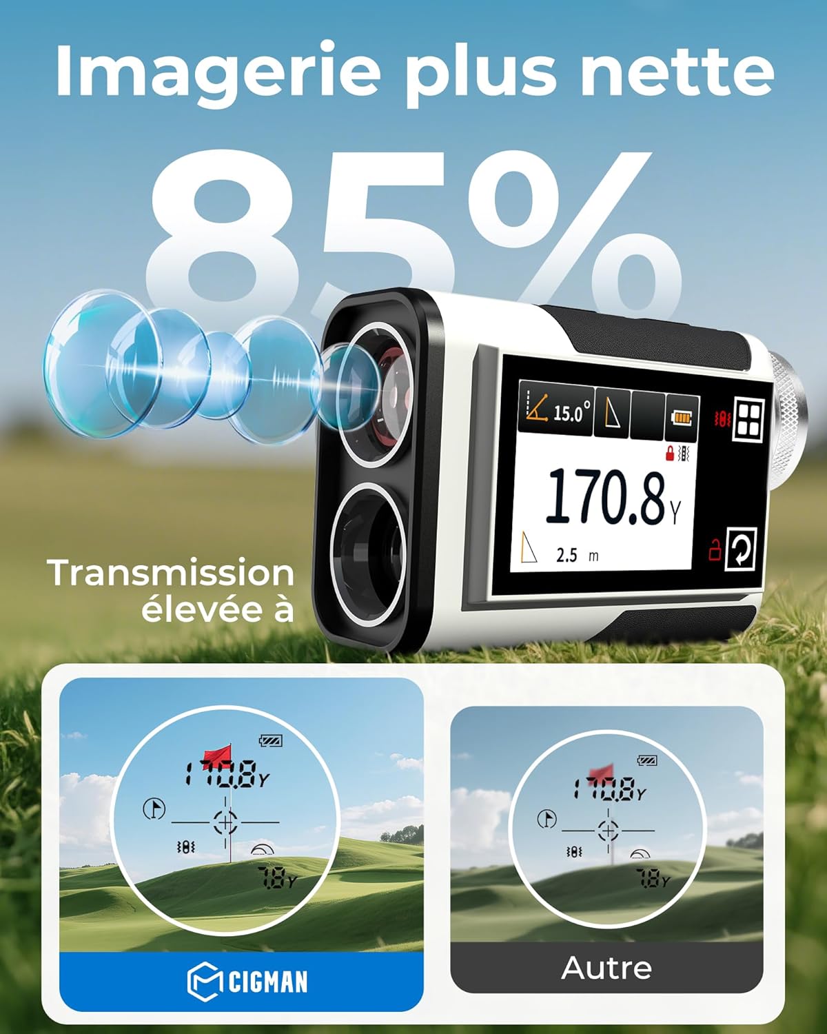 Detalle de Télémètre de golf CIGMAN 1312 yards – précision ±1 m et écran tactile latéral