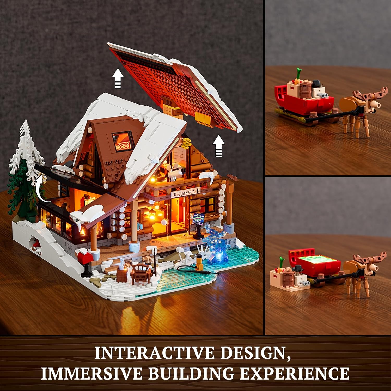 Detalle de Lumibricks Aurora Cabin con LED – 2425 pezzi in legno, proiettore Aurora e scena artica per adulti