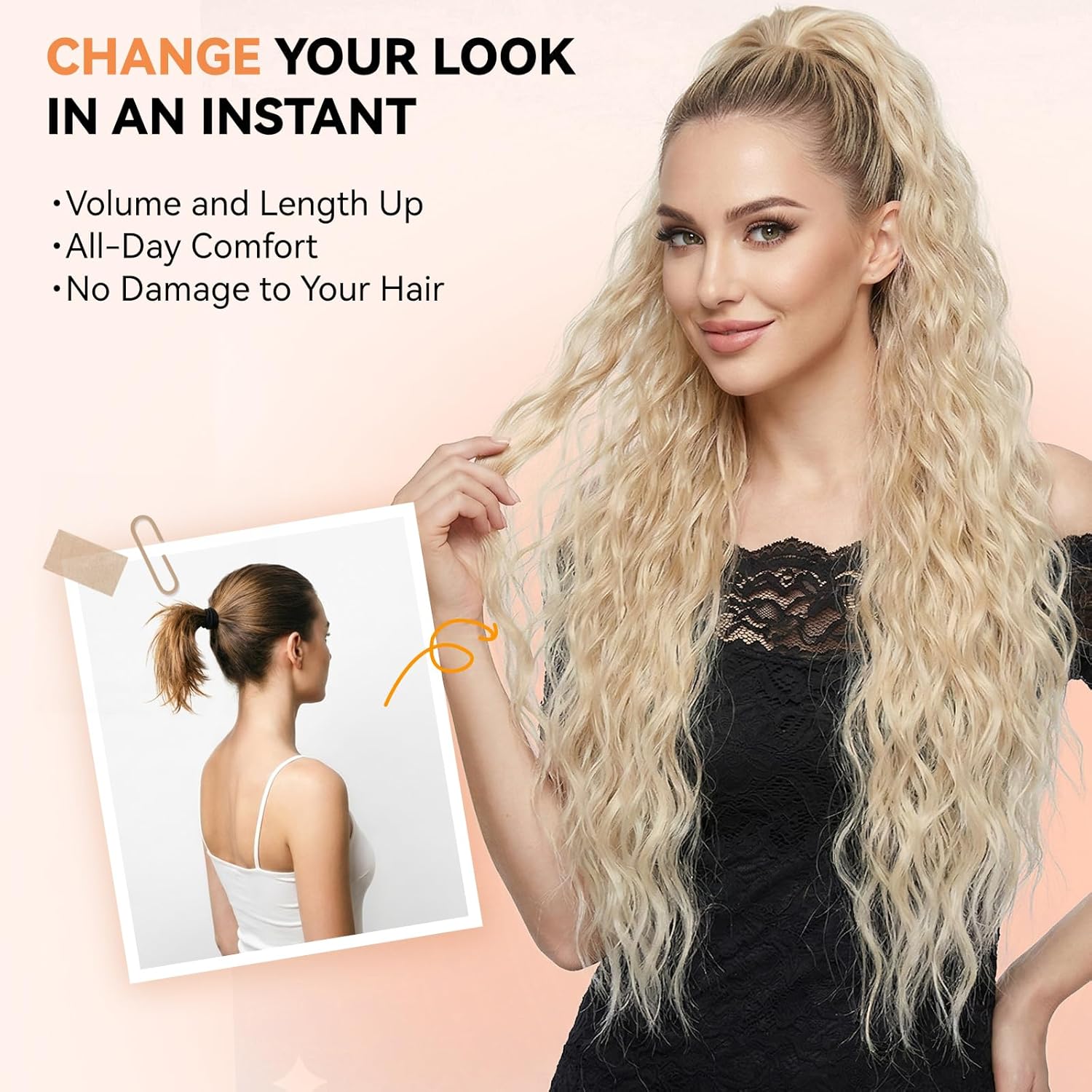 Thumbnail 1 de ZQIAN BEAUTY 30 Inch Clip-On Ponytail Extension — Long Curly, Blonde with Bleach Blonde Ends