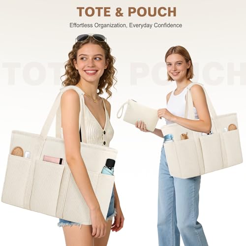 Detalle de LUROON Bolsa Tote Grande en Pana: Bandolera con Cremallera y Múltiples Bolsillos