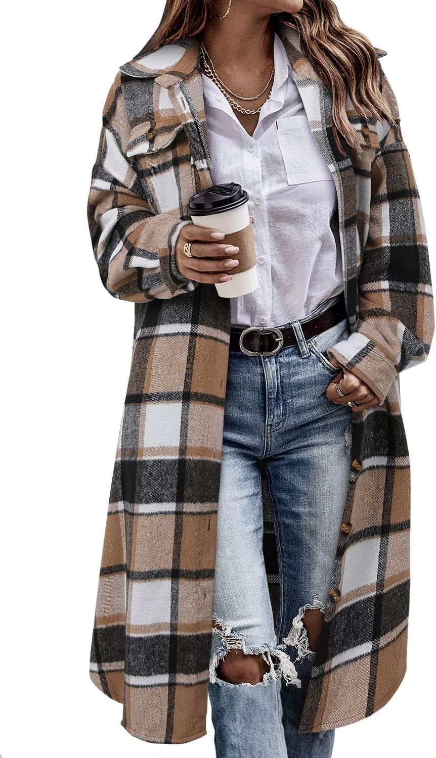 Detalle de onlypuff Women’s Long Plaid Flannel Shacket Jacket with Lapel and Buttons