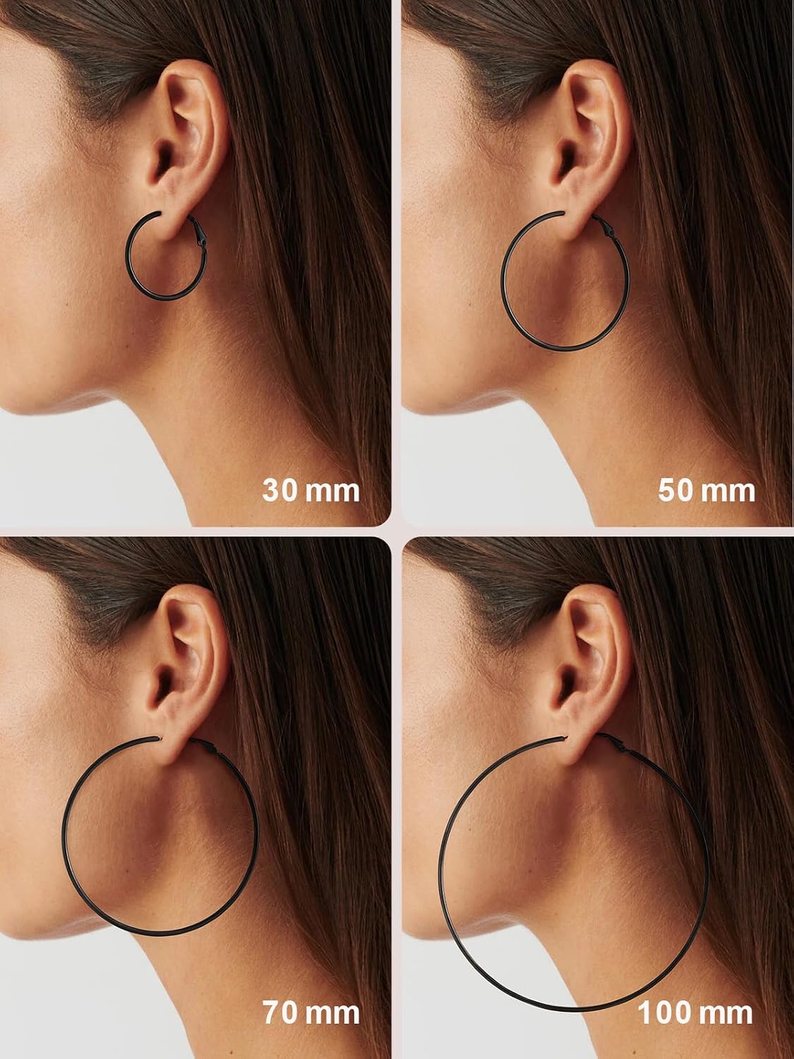 Detalle de FOCALOOK Boucles d’oreilles créoles femme argent/plaqué or/noir en acier inoxydable (grands anneaux)