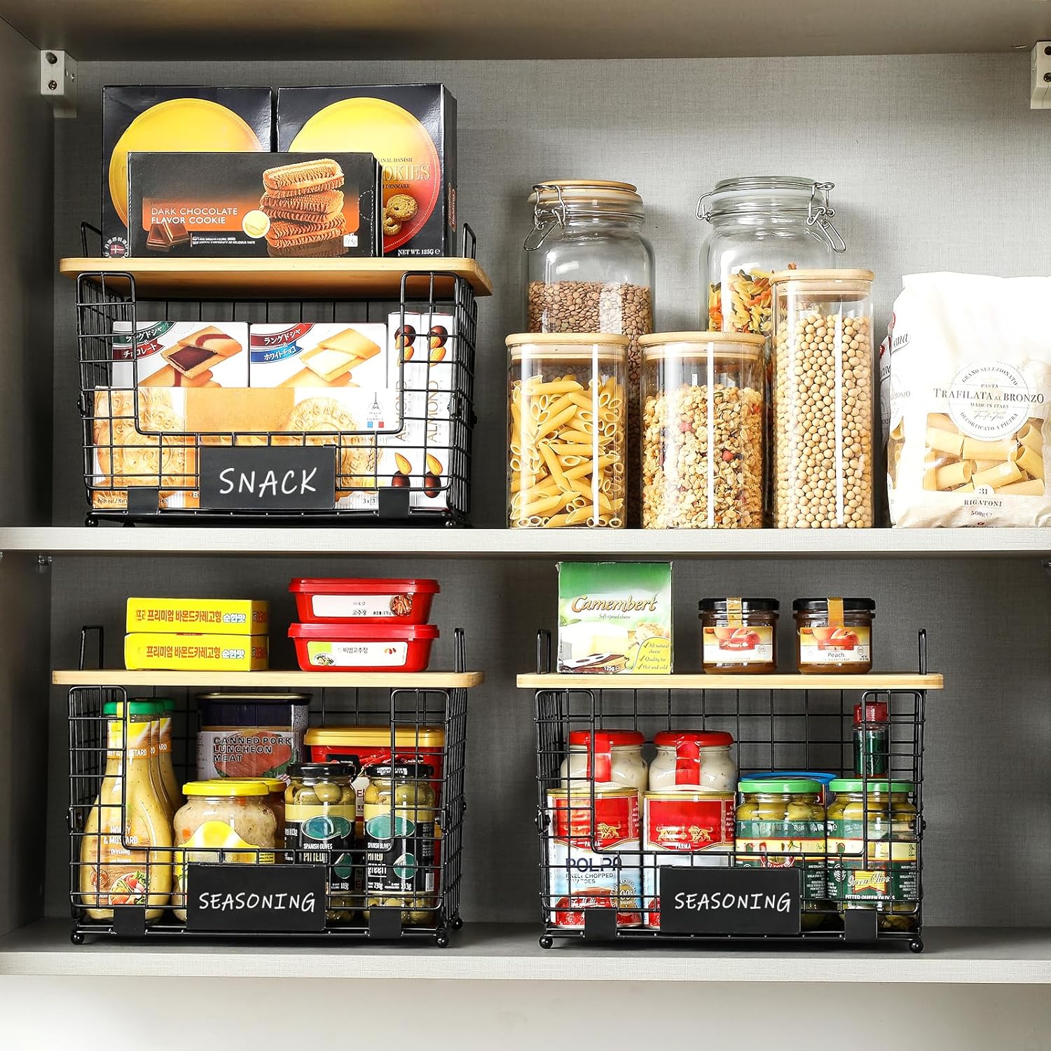 Detalle de 2 Set XL Stackable Wire Basket with Bamboo Tops & Tags – Pantry Organizer and Storage Bins