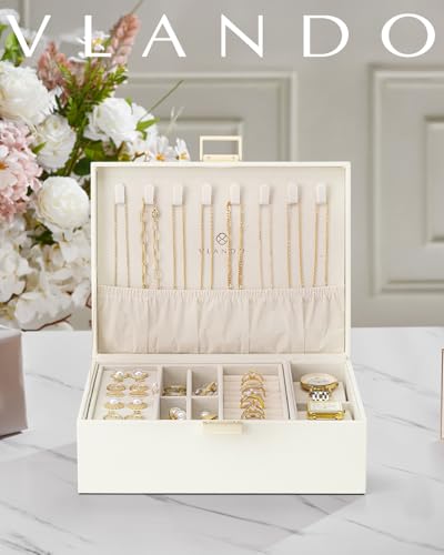 Detalle de VLANDO Caja de Joyería 2 Capas Grande: Organizador Multifuncional en Cremas y Reloj