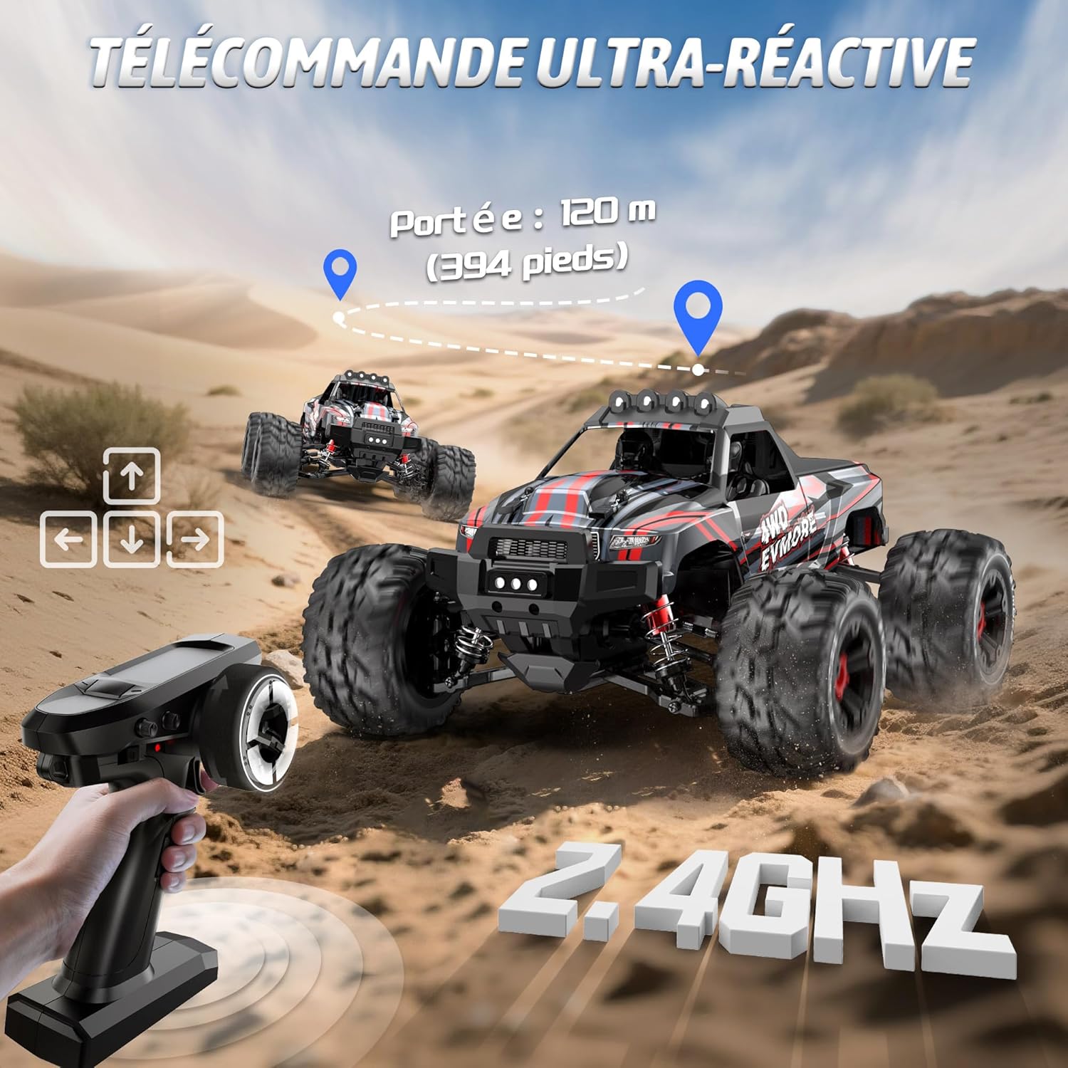 Detalle 2 de Evmore Voiture Télécommandée 1:16 4WD — Haute Vitesse, 55 km/h et Suspension Tout-Terrain, avec 2 Batteries