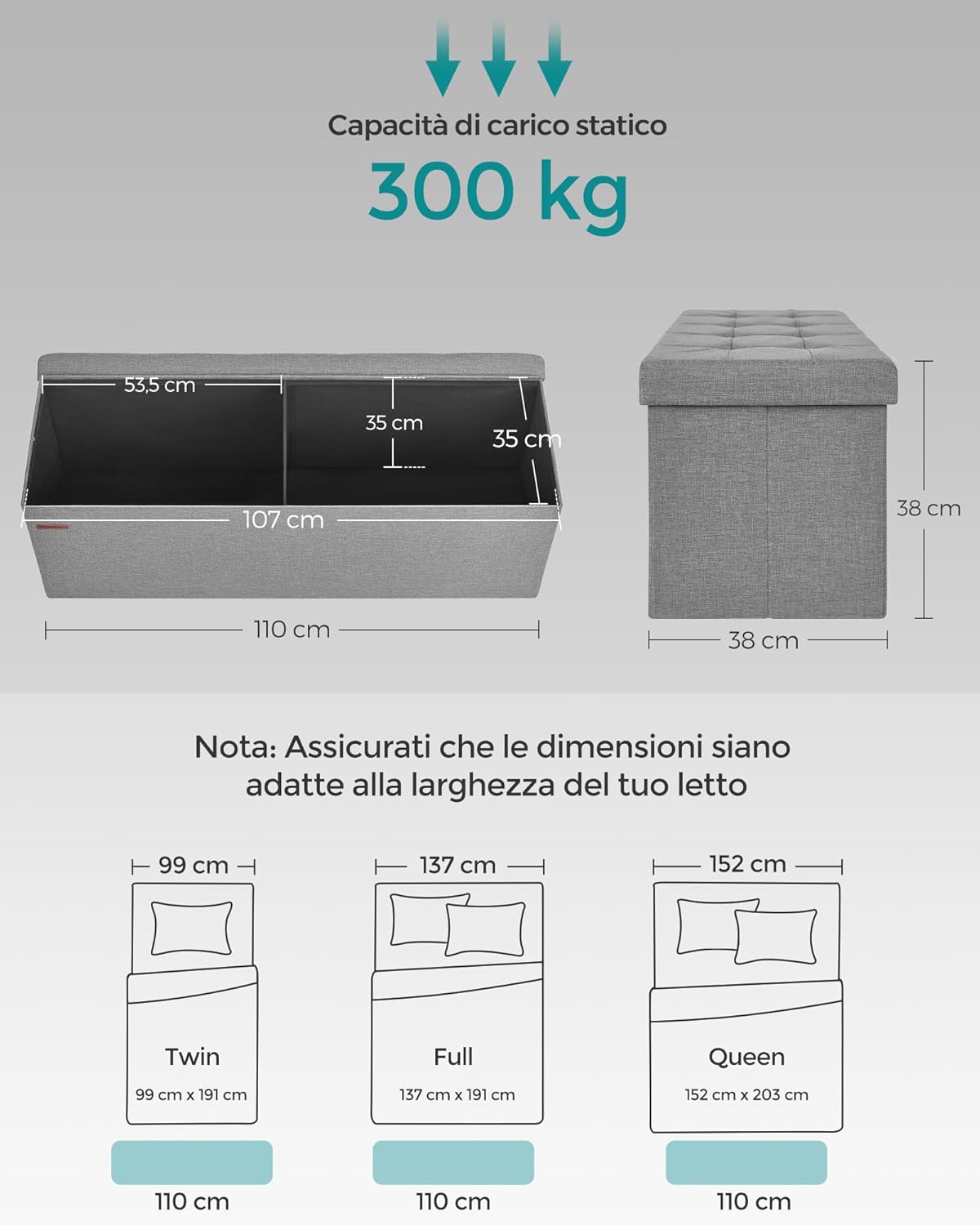 Detalle de SONGMICS MAZIE Collezione Cassapanca e Pouf Contenitore 38 x 110 x 38 cm – Grigio Chiaro
