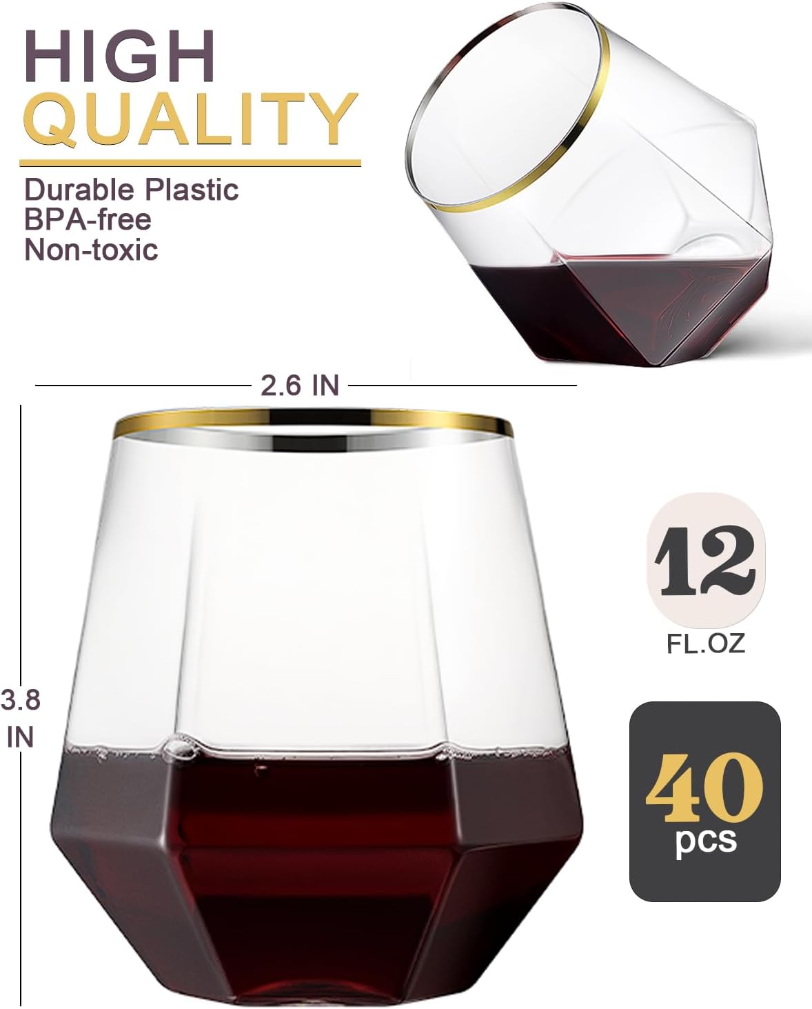 Detalle de Maaacute 40 Pack Plastic Stemless Wine Glasses, 12 oz, Gold Rim—Unbreakable & Disposable