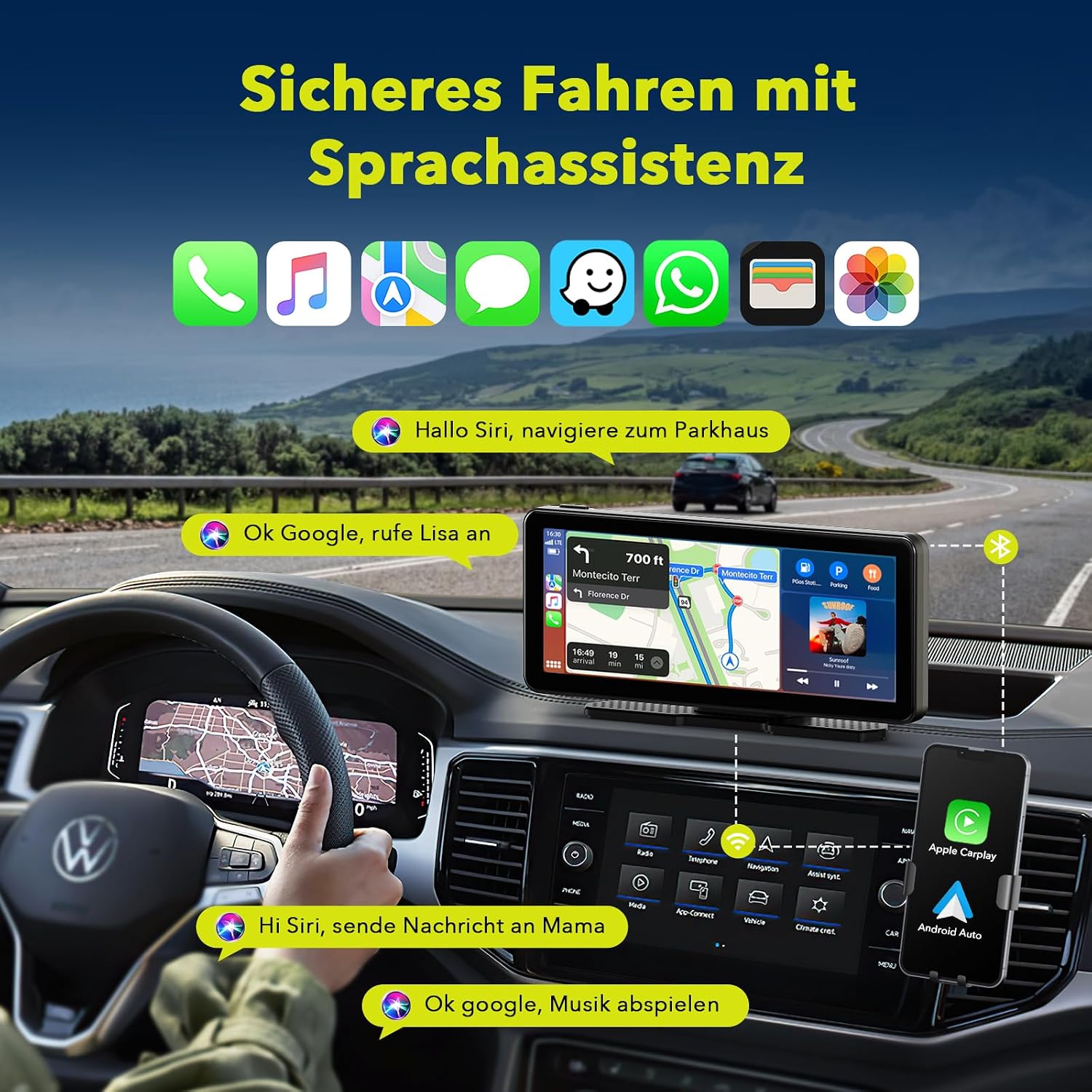 Detalle de LAMTTO Wireless Carplay Display mit Dashcam 2.5K – 6,86 Zoll | CarPlay & Android Auto, Tragbares Navi-Display