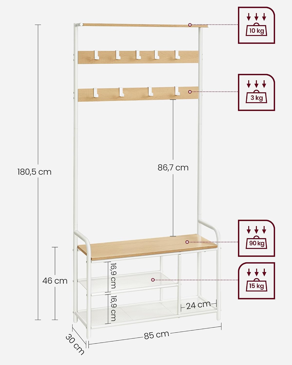 Detalle 2 de VASAGLE DACEY HSR409W09 – wieszak z ławką, półkami i 9 haczykami