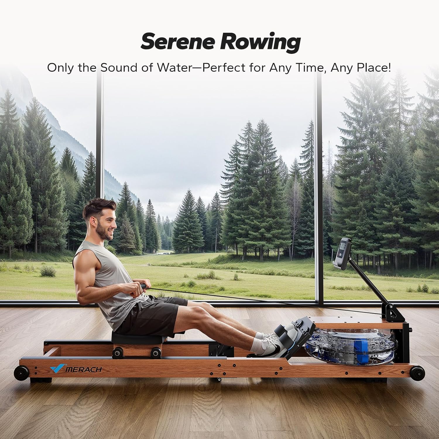 Detalle de MERACH MR-R28R1-US Water Rowing Machine, Foldable, 400 lb Capacity, LCD Monitor