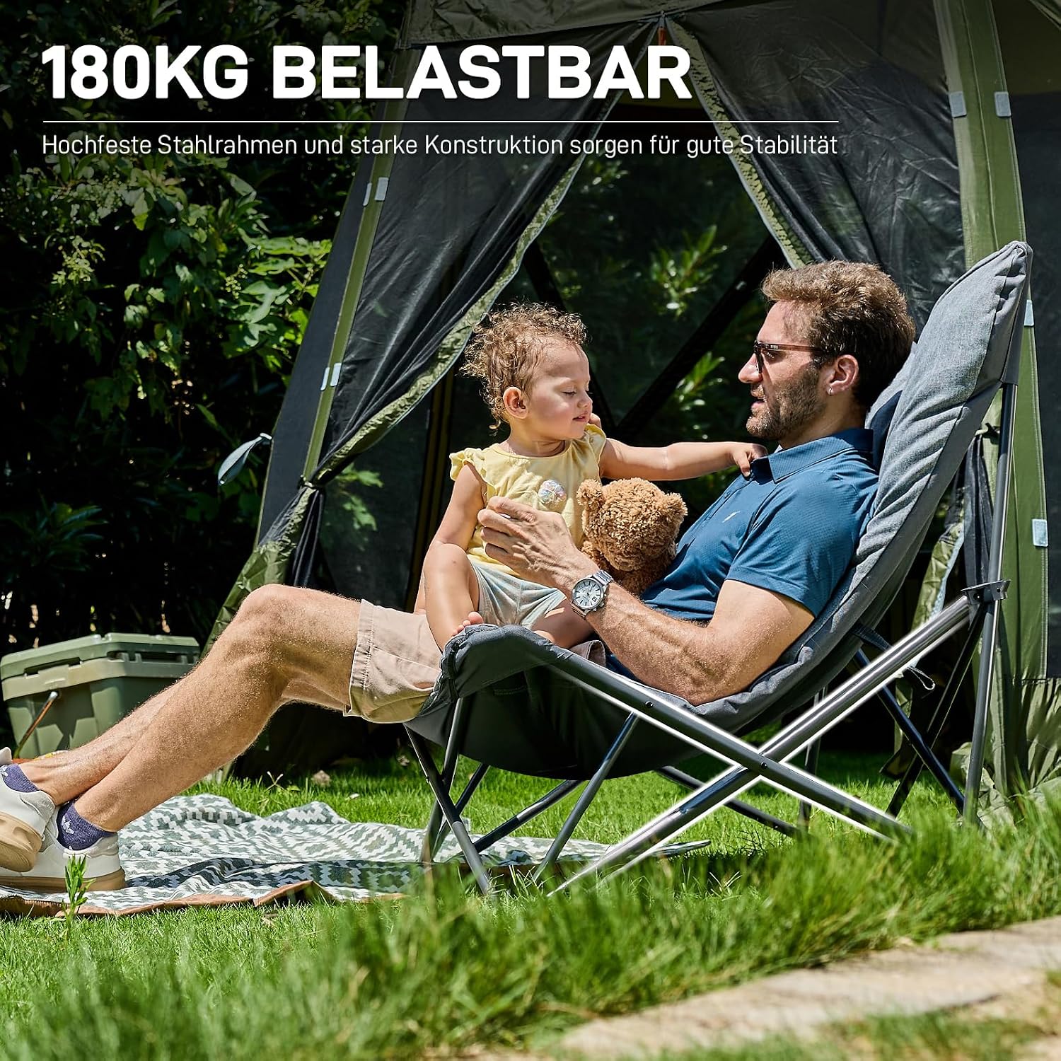 Detalle de EVER ADVANCED Luxus Campingstuhl XXL – Faltbar, 180 kg Tragkraft, Hochlehne, gepolstert