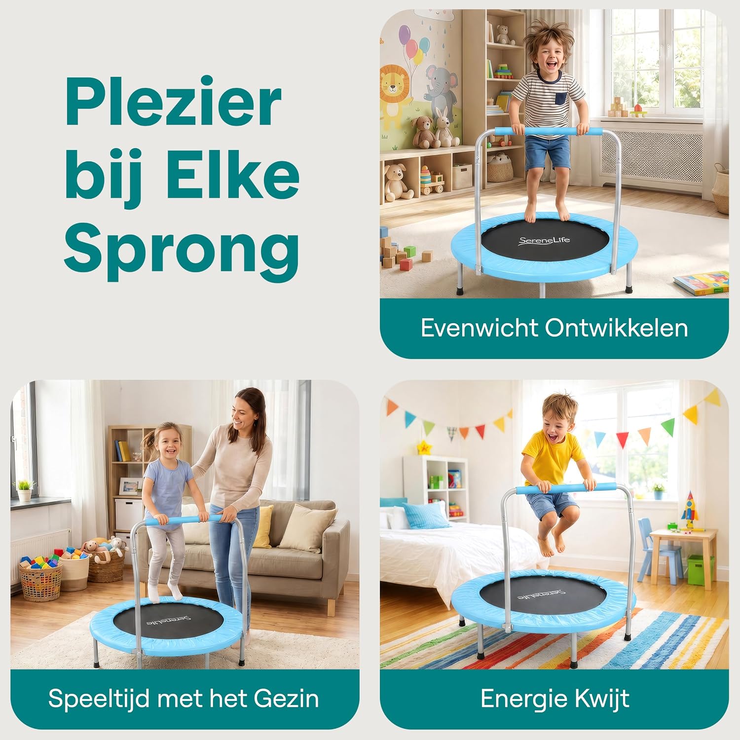Detalle de SereneLife SLELT367 opvouwbare fitnesstrampoline, rond, met schuimhandgreep