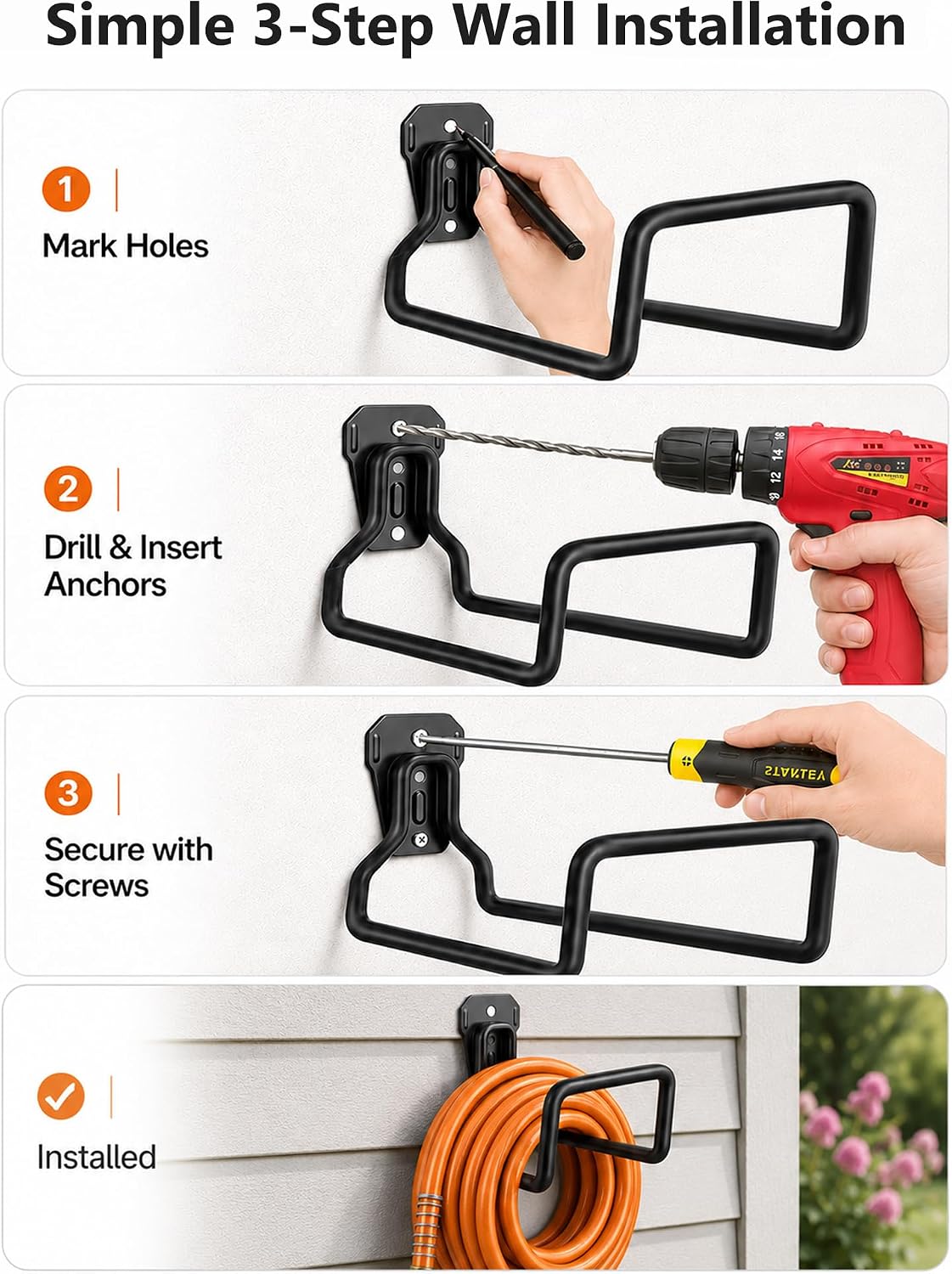 Detalle 2 de BIJOKETTEN Hose Holder-1Pack-Black Wall-Mount Metal Garden Hose Holder